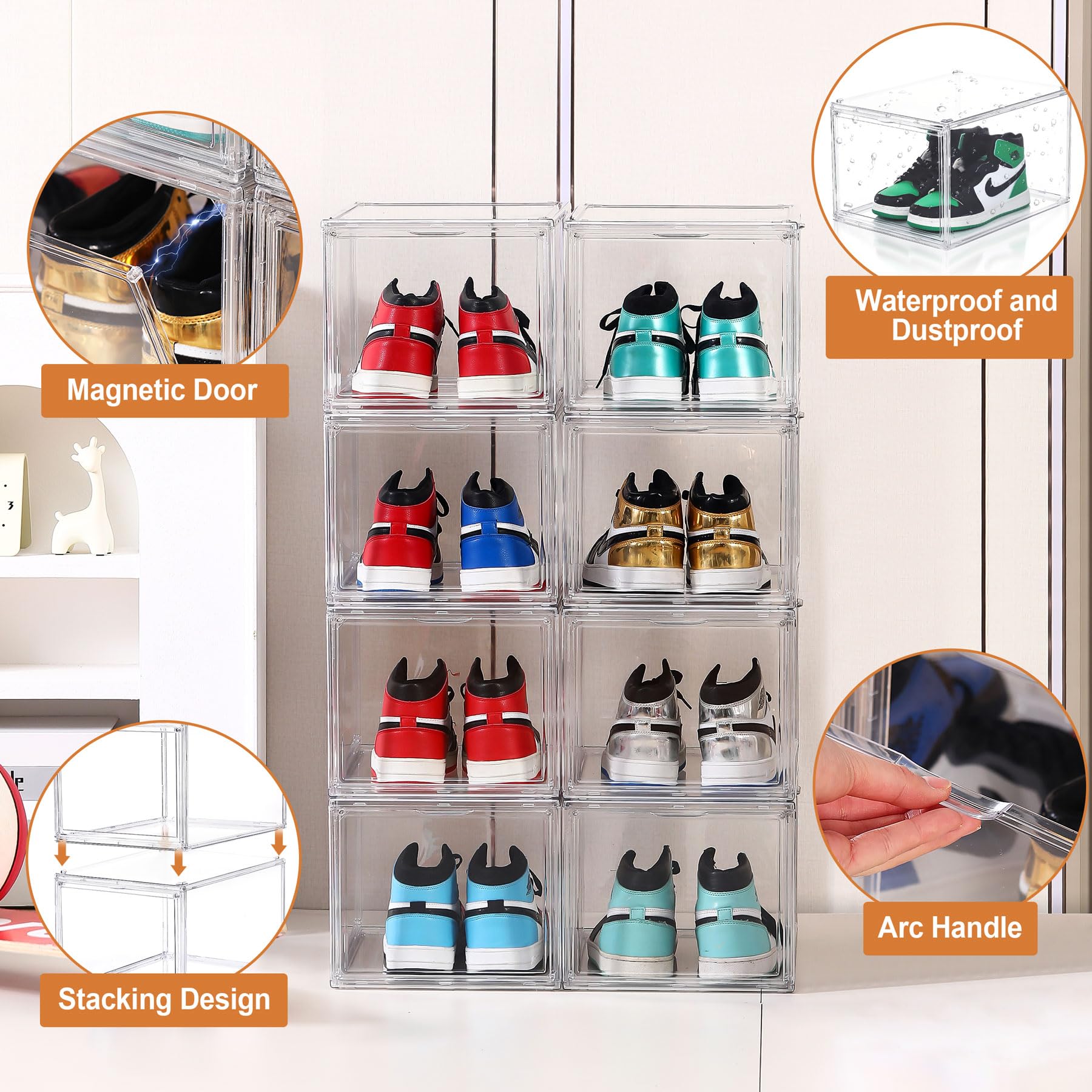 12 Pack Clear Acrylic Shoe Boxes - 360° Transparent Stackable Shoe Storage Containers for Sneakers & Heels (Fits Up to US Size 14) | Perfect for Closet Organization, Shoe Display & Retail Store Showcase