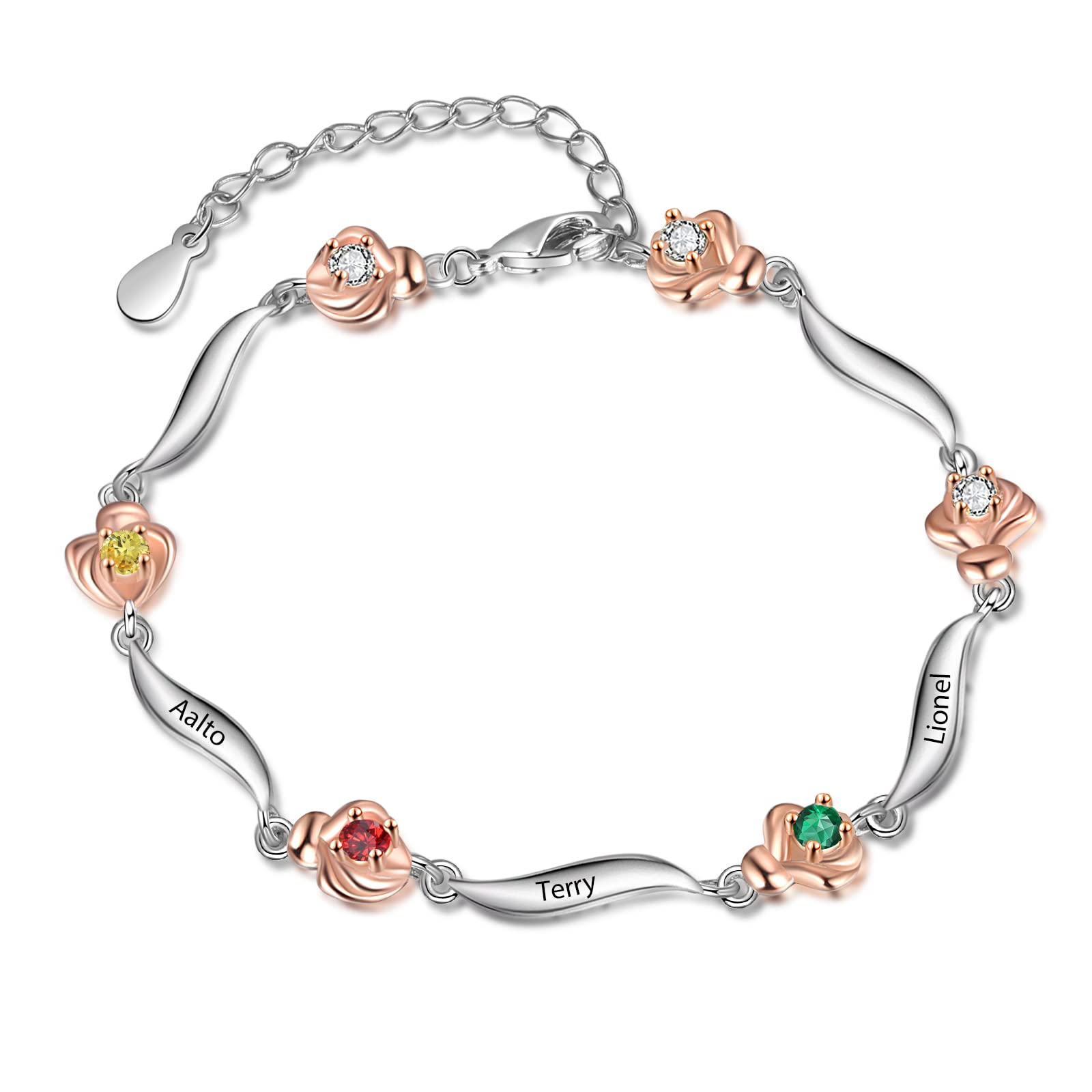 Custom Personalized Name Bracelets for Women - Engraved 1-6 Rose Birthstone Jewelry for Girls, BFF, Mother Daughter & Family - Perfect for Birthdays, Anniversaries & Friendship Gifts