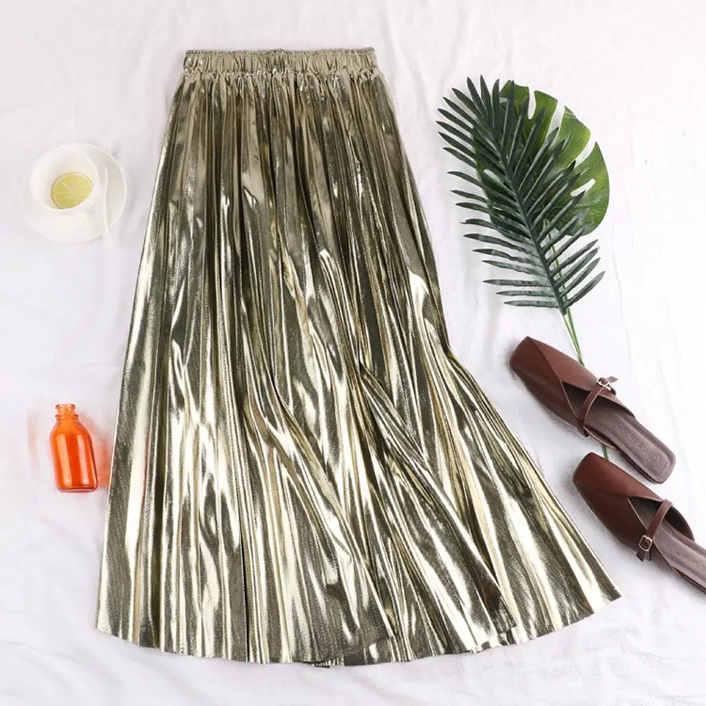 Elegant High Waist Pleated Midi Skirt for Women - Black, Silver & Gold Solid Colors | Perfect for Office, Party & Casual Wear