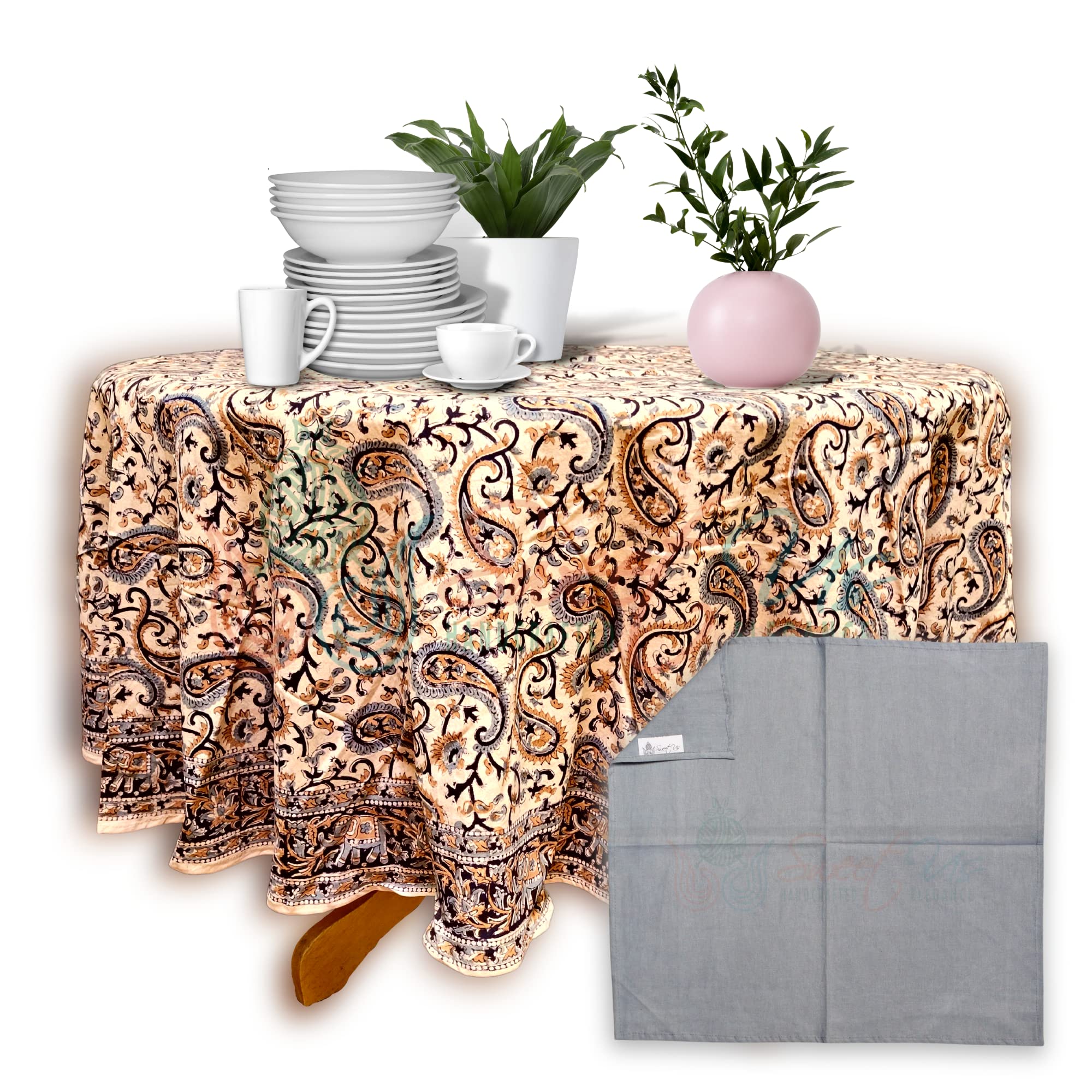 Handmade Cotton Block Print Tablecloth with Paisley Elephant Floral Design - 72-inch Round Kitchen & Dining Table Cover for Indoor/Outdoor Use - Includes Matching Napkin Set (Black, Gold, Gray) - Perfect for Dinner Parties, Picnics, and Wedding Decorations