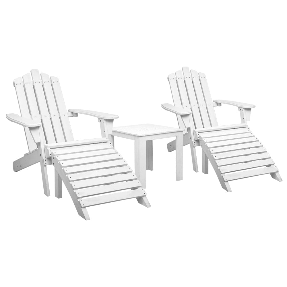 5-Piece White Wooden Adirondack Outdoor Table and Chairs Set - Patio Sun Lounge Furniture for Backyard, Garden, Poolside Relaxation