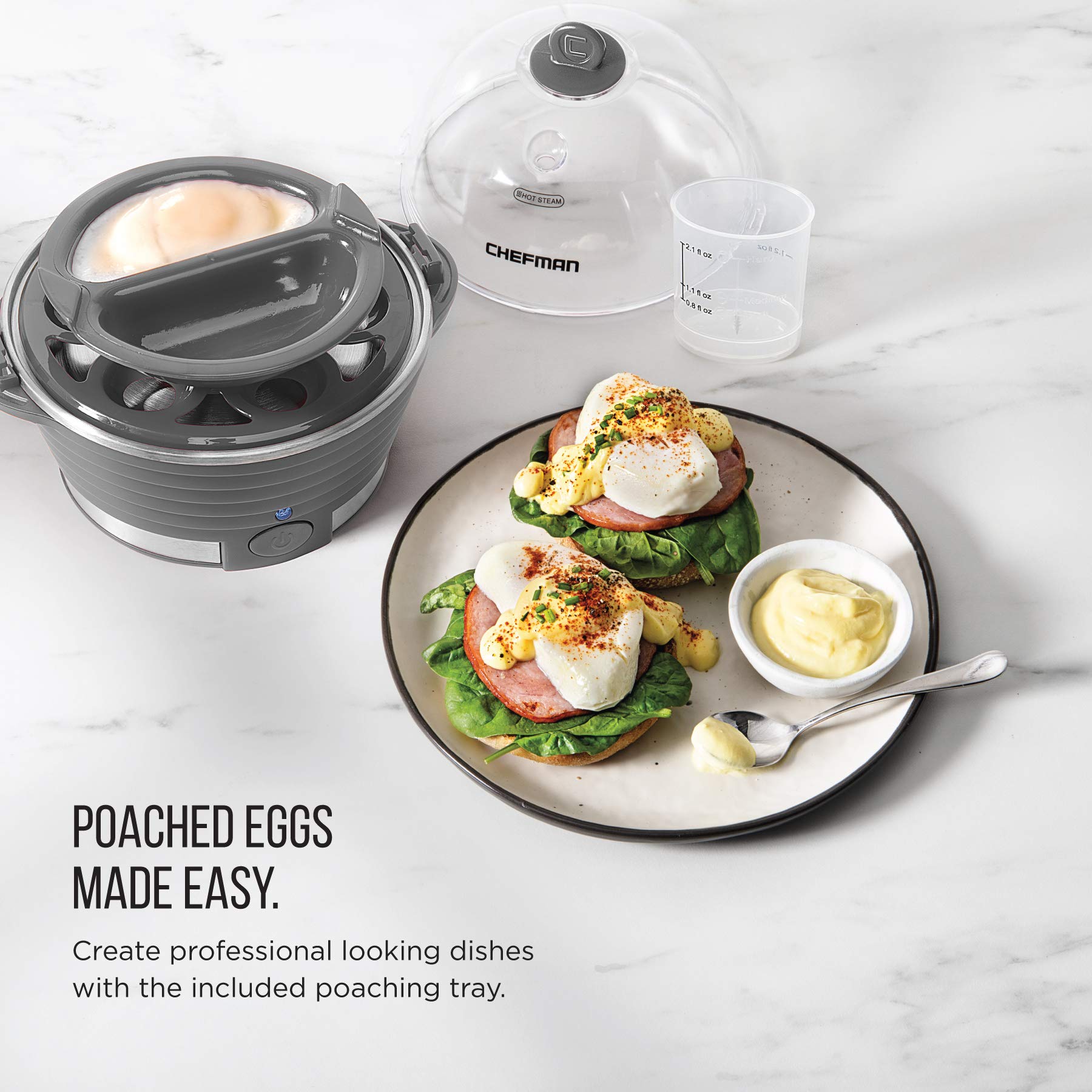 Chefman Electric Egg Cooker - 6 Egg Capacity, Fast Boiling & Poaching, Hard/Medium/Soft Boiled Eggs, Includes Omelet Tray & Vegetable Steamer, BPA-Free, Grey - Perfect for Breakfast, Meal Prep & Healthy Cooking
