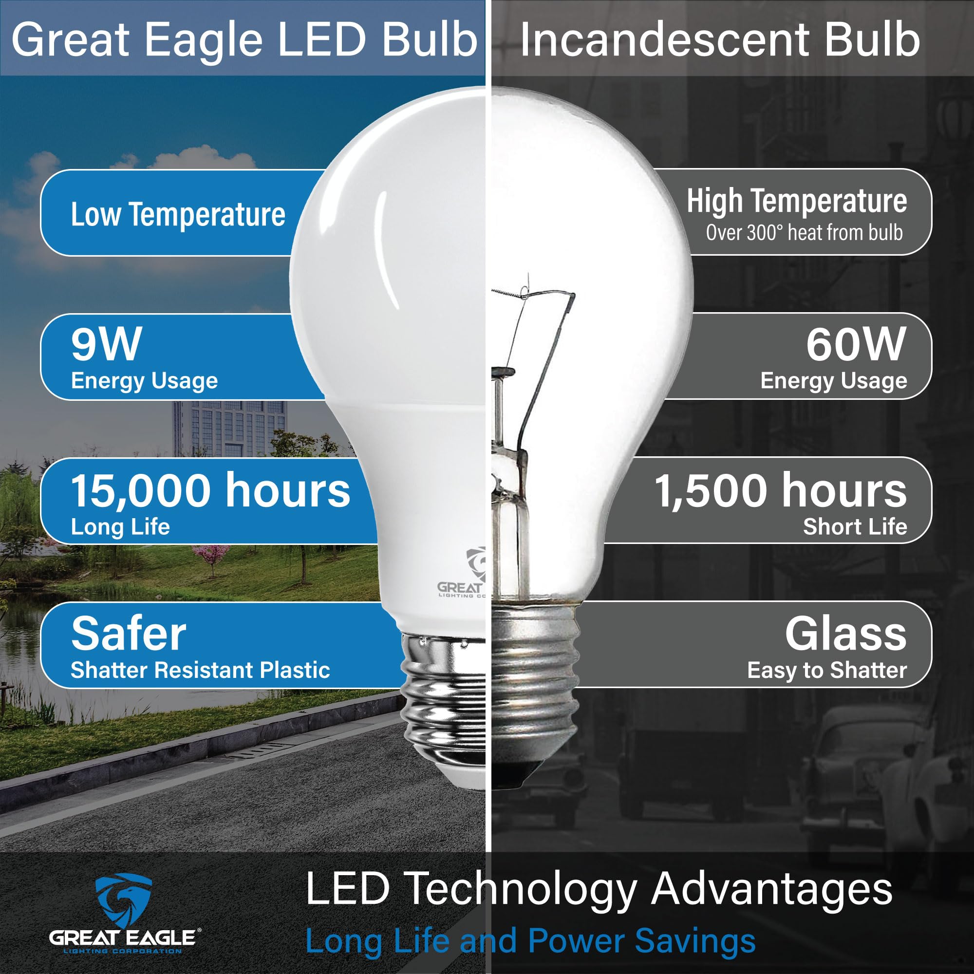 Great Eagle A19 LED Light Bulbs 60W Equivalent, 5000K Daylight White, 9W Non-Dimmable, 800 Lumens, UL Listed (4-Pack) - Energy Efficient Lighting for Home, Office, and Workspace