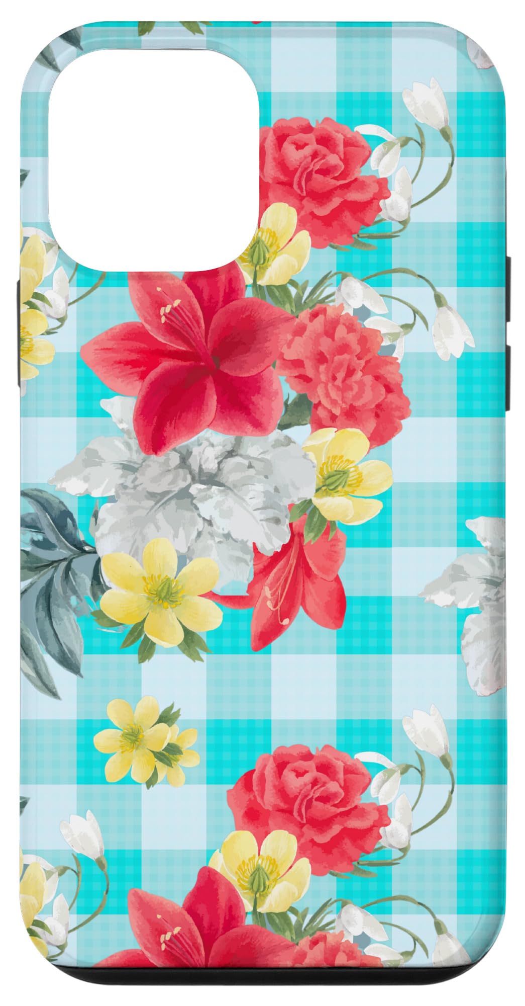 iPhone 12 Mini Case - Vintage Farmhouse Floral Design with Red & Yellow Peonies on Turquoise Gingham Pattern | Perfect for Everyday Use, Travel & Gift Giving