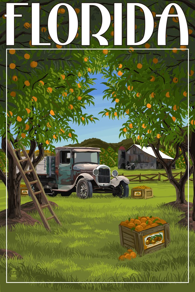 Lantern Press Florida Orange Grove with Truck Wall Art - 16x24 Wrapped Canvas Painting for Home & Office Decor - Perfect for Living Room, Bedroom or Gift
