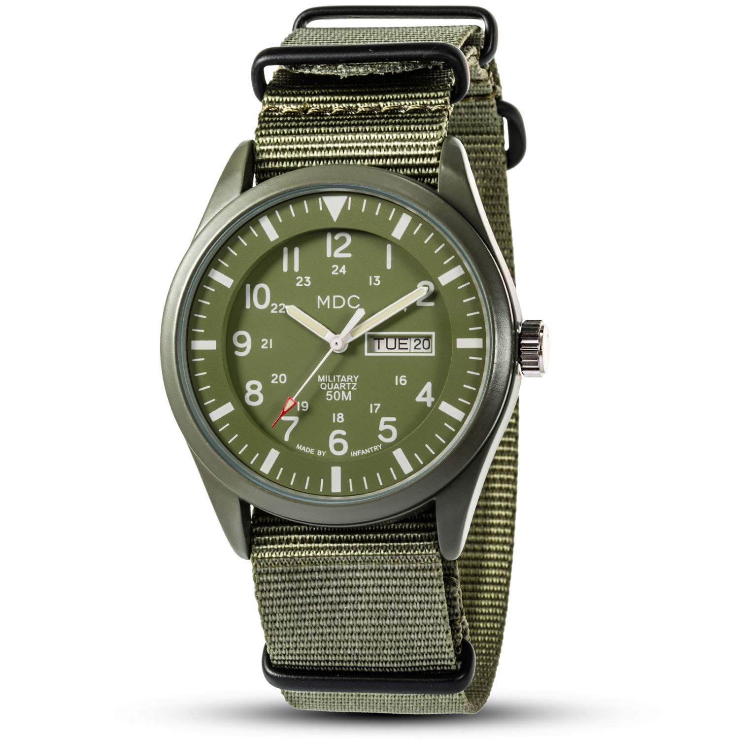 MDC Men's Tactical Military Watch - Waterproof Analog Quartz Wristwatch with Date & Day Display, Army Green Nylon Band - Perfect for Outdoor Sports, Field Work & Military Use