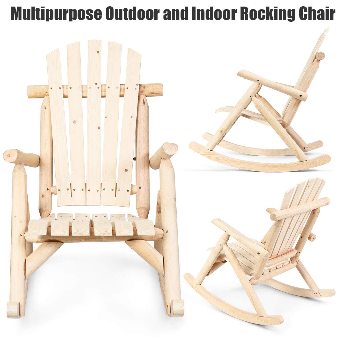 Giantex Solid Wood Adirondack Rocking Chair - Outdoor Patio Rocker with Slatted Seat & Backrest - Natural Wood Porch Swing for Garden, Balcony, Poolside & Backyard - Perfect for Relaxing, Reading & Enjoying Nature