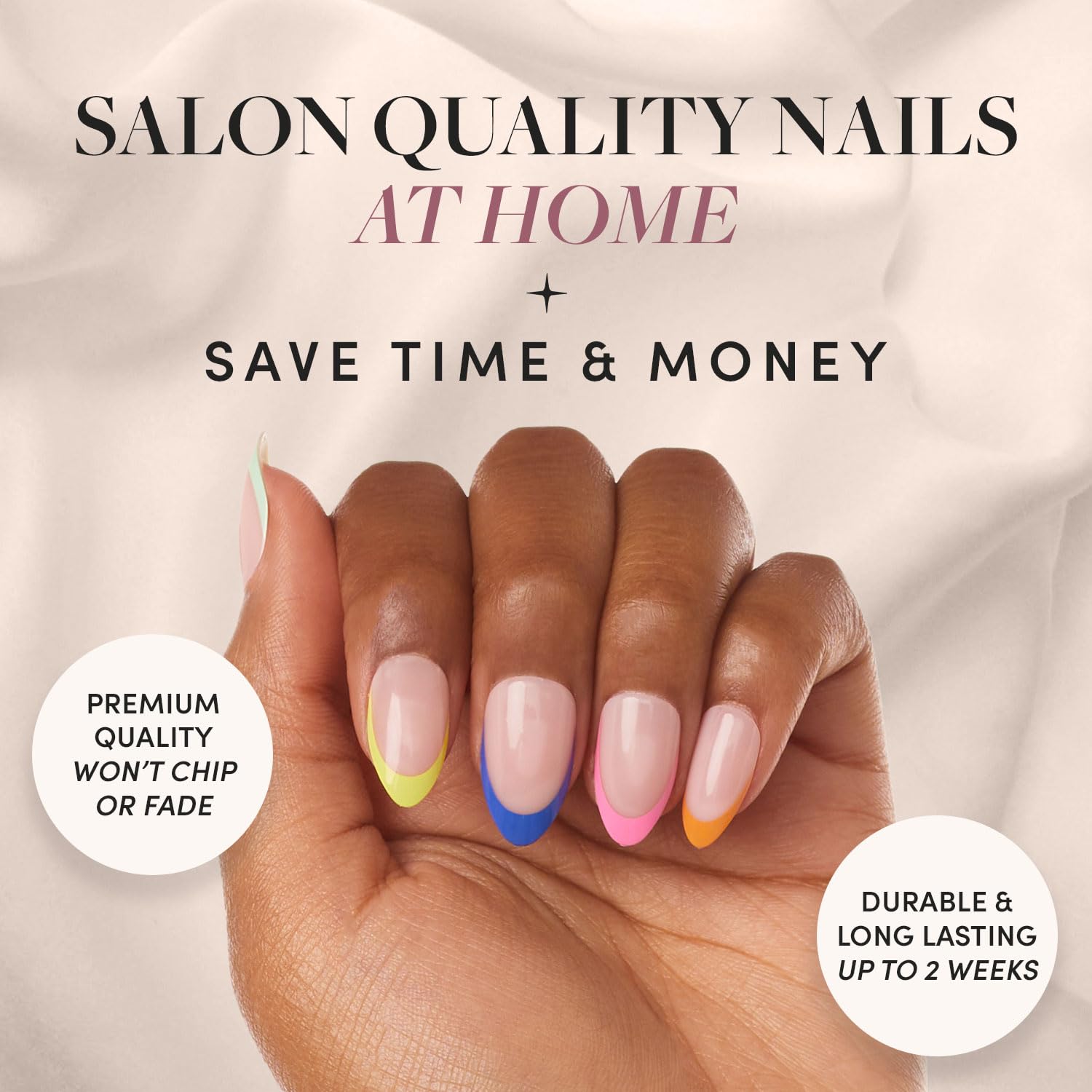 Glamnetic Press On Nails - Rainbow French Tip Artificial Nails with UV Finish, Short Pointed Almond Shape, Reusable Semi-Transparent Fake Nails in 12 Sizes (24-Piece Kit with Glue) | Perfect for Parties, Weddings, and Everyday Glam
