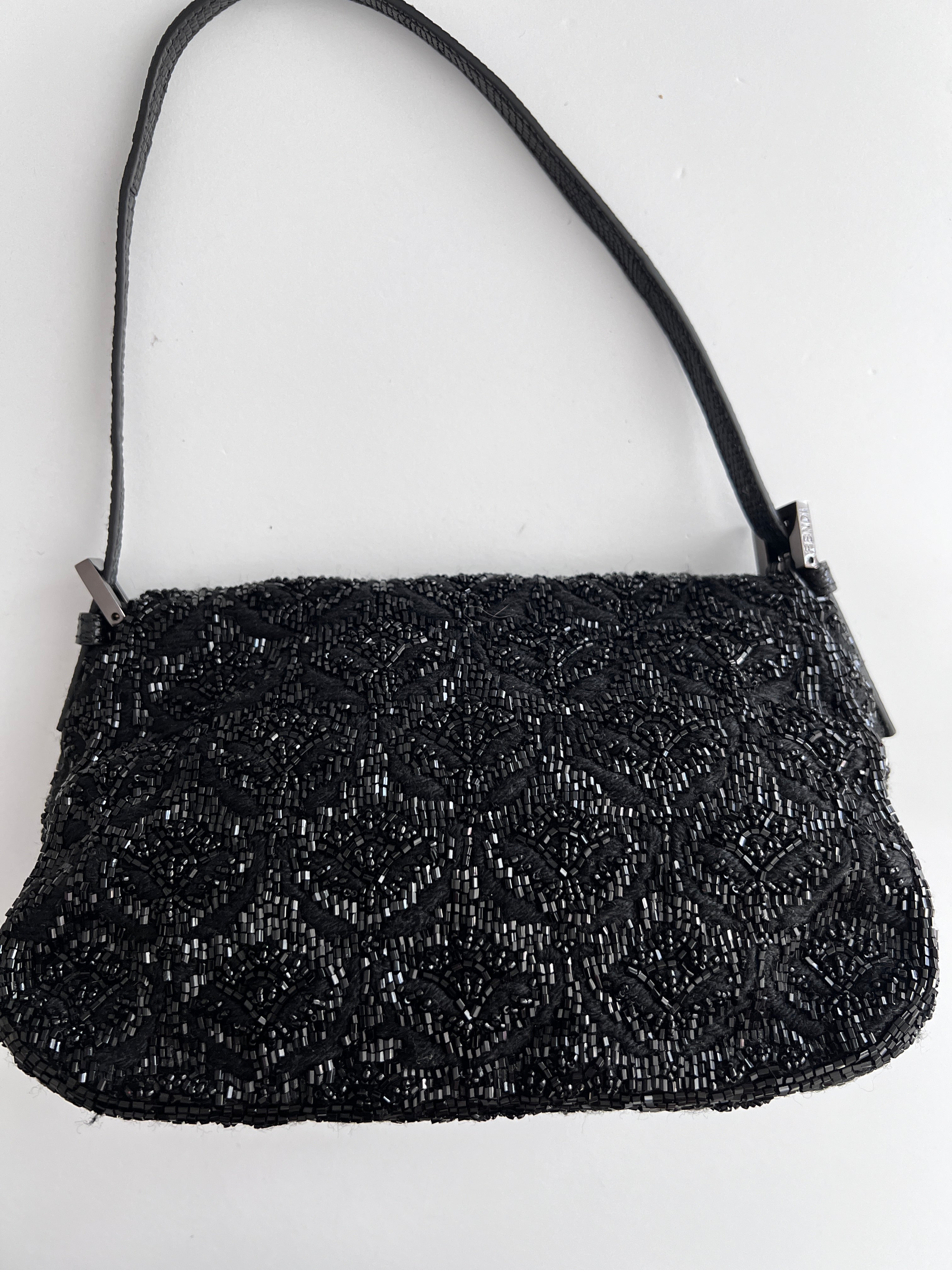 Fendi Black Rose Pattern Beaded Mini Mamma Baguette Bag - Luxury Crossbody Purse for Women, Evening Parties & Special Occasions