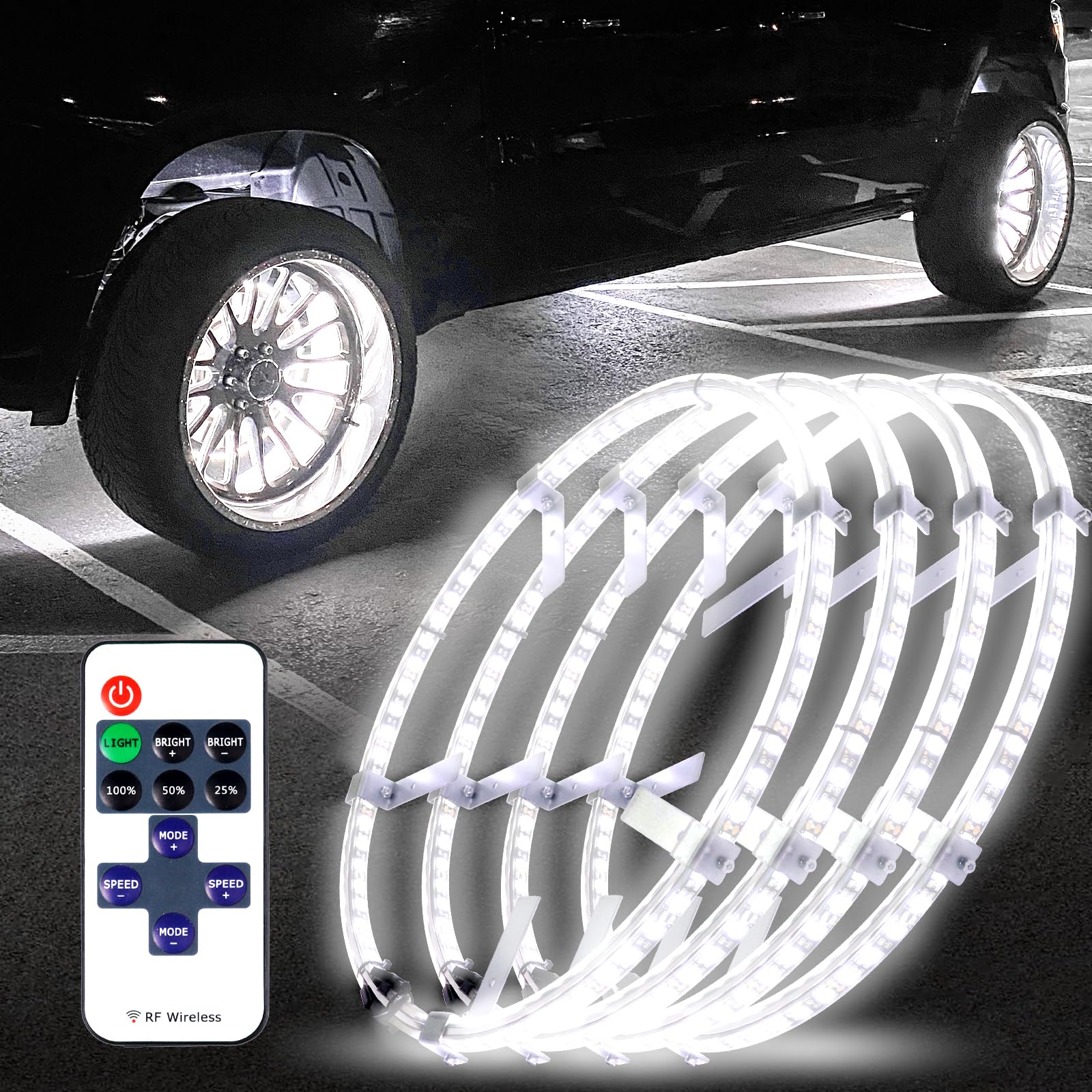 17 Inch Bright White Double Row Wheel Lights - Pure White LED Rocker Switch Control Wheel Ring Light for Cars, Trucks, Pickup & Off-Road Vehicles - Perfect for Night Driving, Off-Roading & Custom Car Lighting