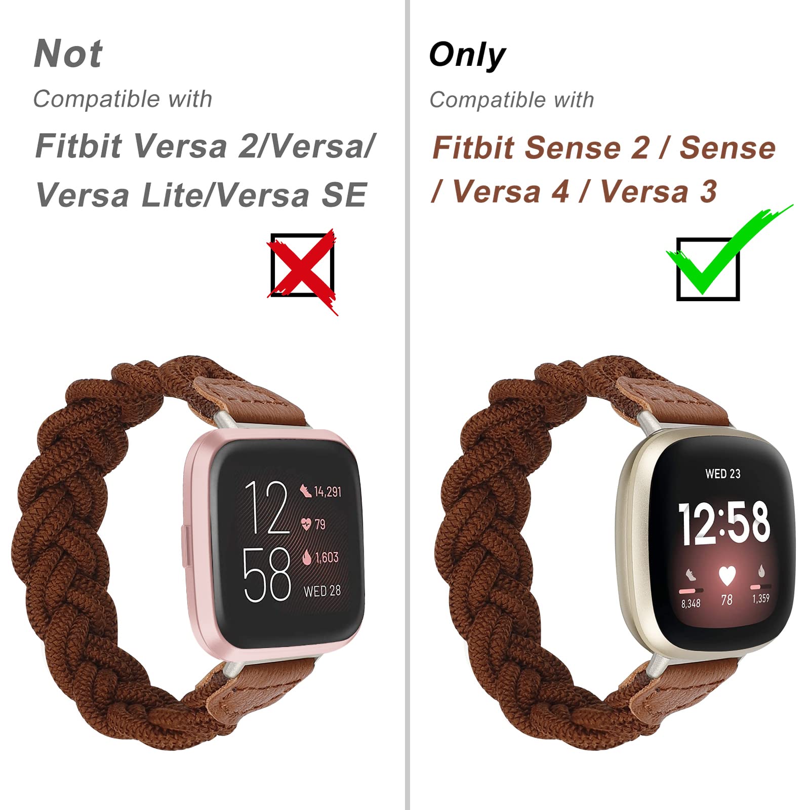 Elastic Braided Solo Loop Strap for Fitbit Sense/Versa 3/Sense 2/Versa 4 - Slim Stretchy Woven Wristband Accessory for Women (Brown) - Perfect for Workouts, Running & Everyday Wear
