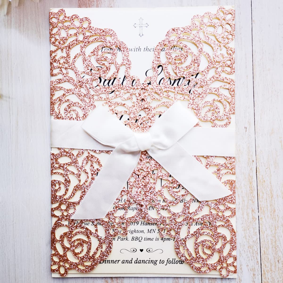 50PCS 5x7.28 Inch Laser Cut Wedding Invitation Cards - Elegant Hollow Rose Design with Ivory Ribbons, Blank Rose Gold Glitter for Bridal Shower, Engagement, Birthday & Graduation | Perfect for DIY Invitations, Party Decorations and Special Events