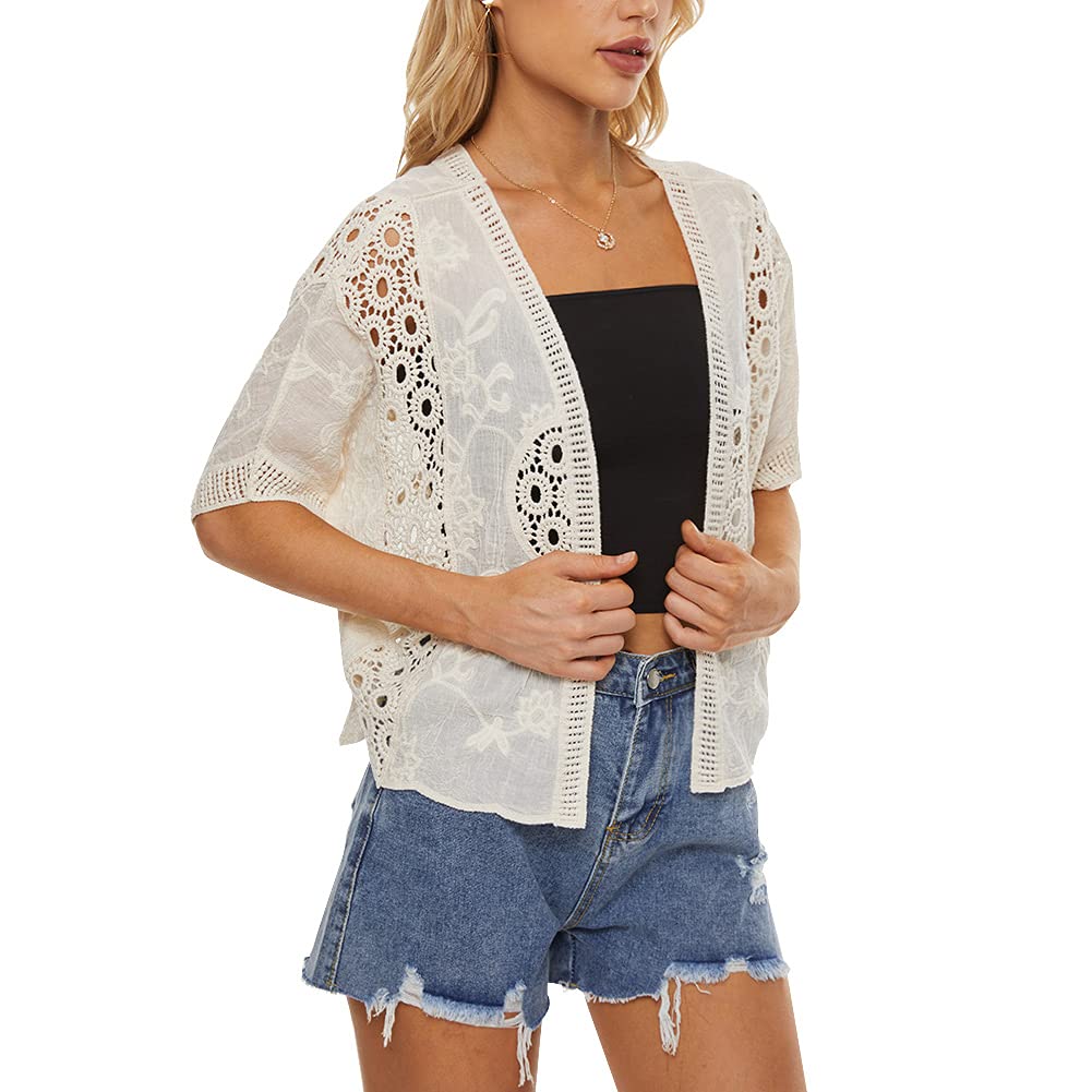 Women's Short Sleeve Crochet Lace Bolero Shrug Cardigan - Lightweight Open Front Cover Up for Summer, Beach, Wedding & Evening Wear