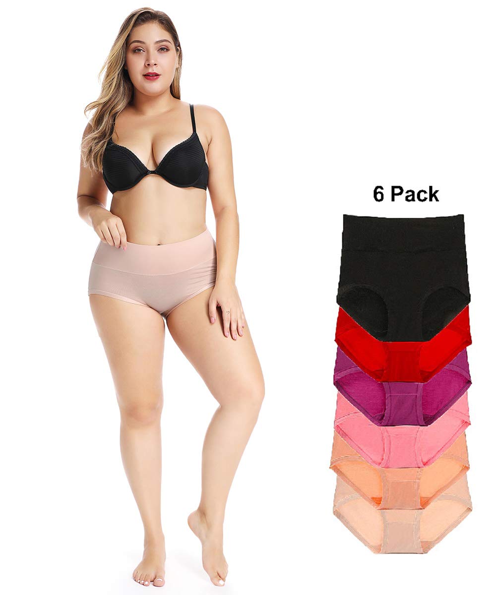 Bycc Bynn Women's Stretch Cotton Underwear - Plus Size High Waisted Tummy Control Panties Briefs (6 Pack) - Comfortable Everyday Wear for Work, Yoga & Sleep
