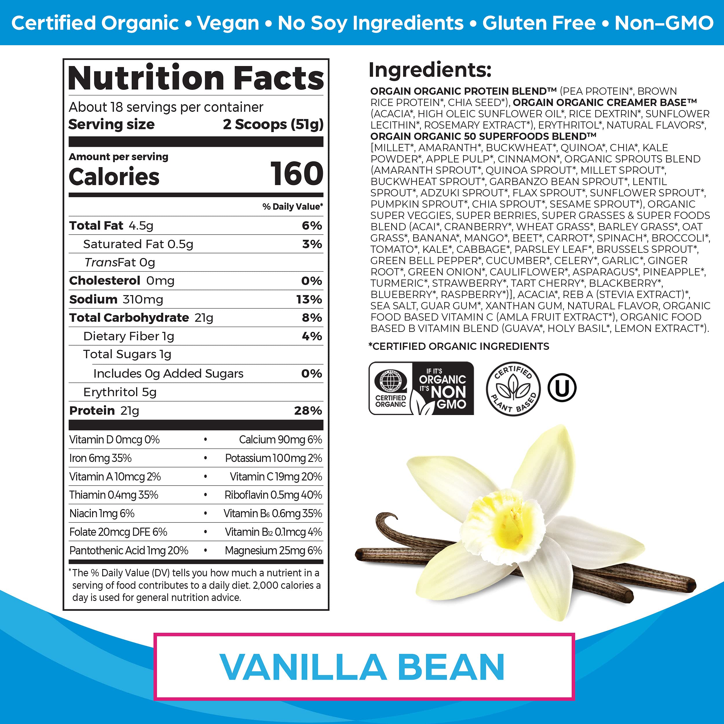 Orgain Organic Vegan Protein Powder with Superfoods, Vanilla Bean Flavor - Plant-Based, Gluten-Free, Dairy-Free | Perfect for Smoothies, Baking & Post-Workout Recovery