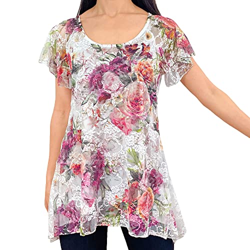 Flutter Short Sleeve - Mixed Pink Coral Floral Print/White Stretch Lace