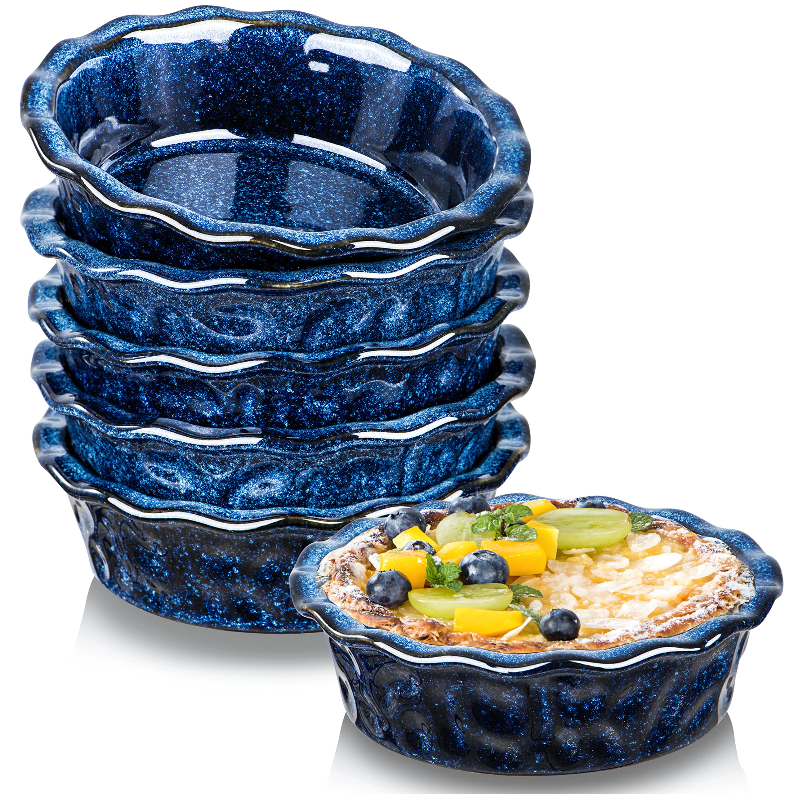 Vicrays 5.5 Inch Ceramic Pie Pan Set of 6 - Deep Dish Round Baking Dish for Apple Pie, Cake, Tart, Pizza - Microwave & Oven Safe Mini Serving Bowls - Perfect for Desserts, Pot Pies & Casseroles - Blue