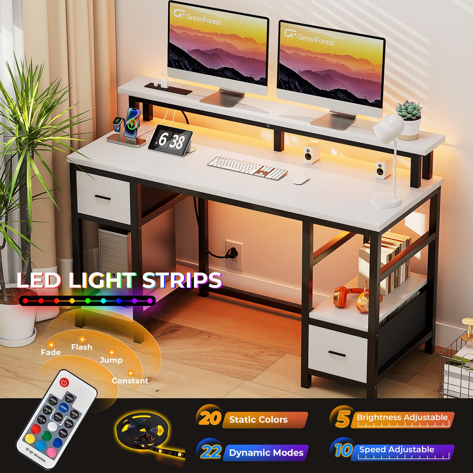 GreenForest 50 Inch Computer Desk with Monitor Stand, LED Lights & Power Outlets - Gaming & Office Desk with 2 Fabric Drawers & Shelves, White - Perfect for Home Office, Gaming Setup & Workspace Organization