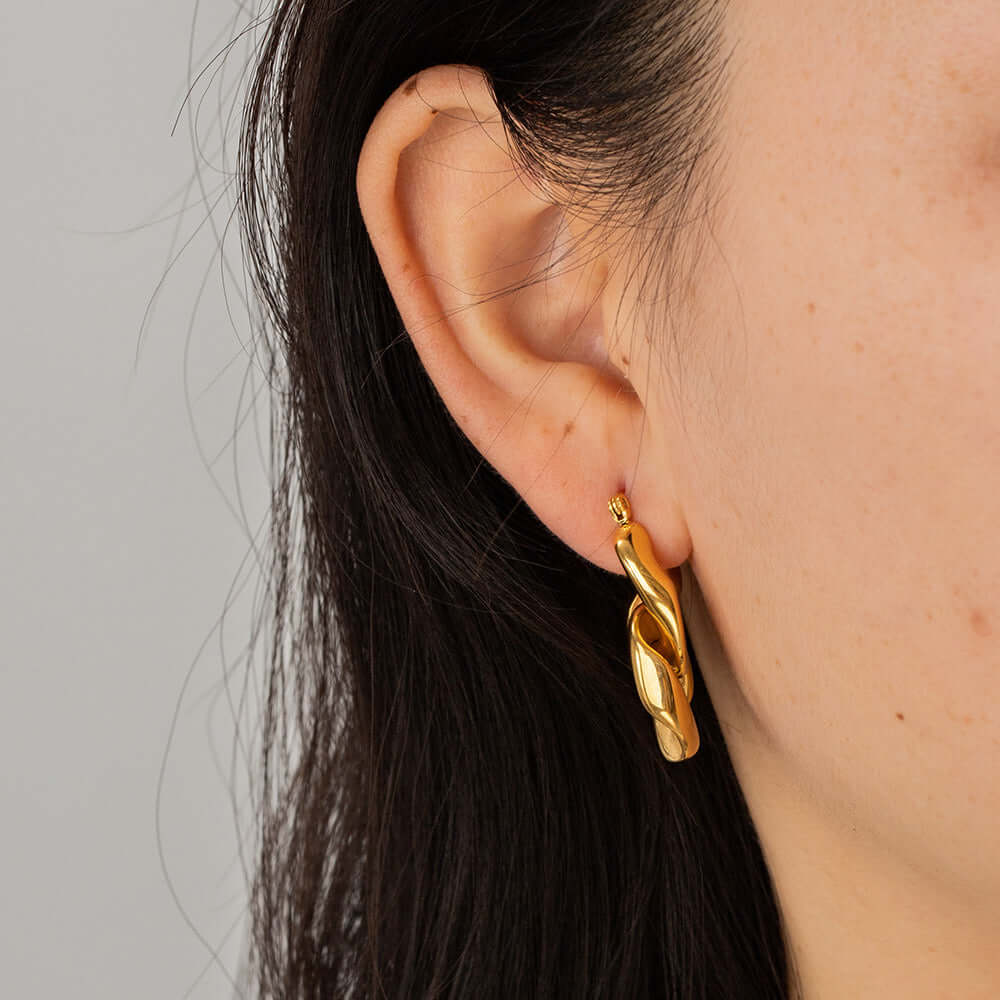 18K Gold Duo Tone Chain Hoop Earrings for Women - Classic Elegant Jewelry Gift for Birthday, Anniversary & Special Occasions | JDE684