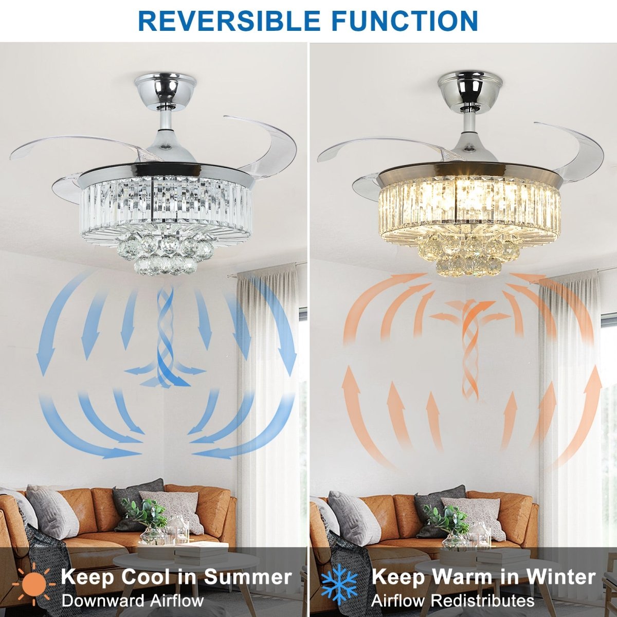 Modern Crystal Retractable Invisible Blades Fandelier - 42 Inch LED Chandelier Ceiling Fan with Remote, 3 Color Temperatures (3000K-6000K), 6-Speed Reversible DC Motor, Silver - Perfect for Bedroom, Living Room, and Dining Room Lighting