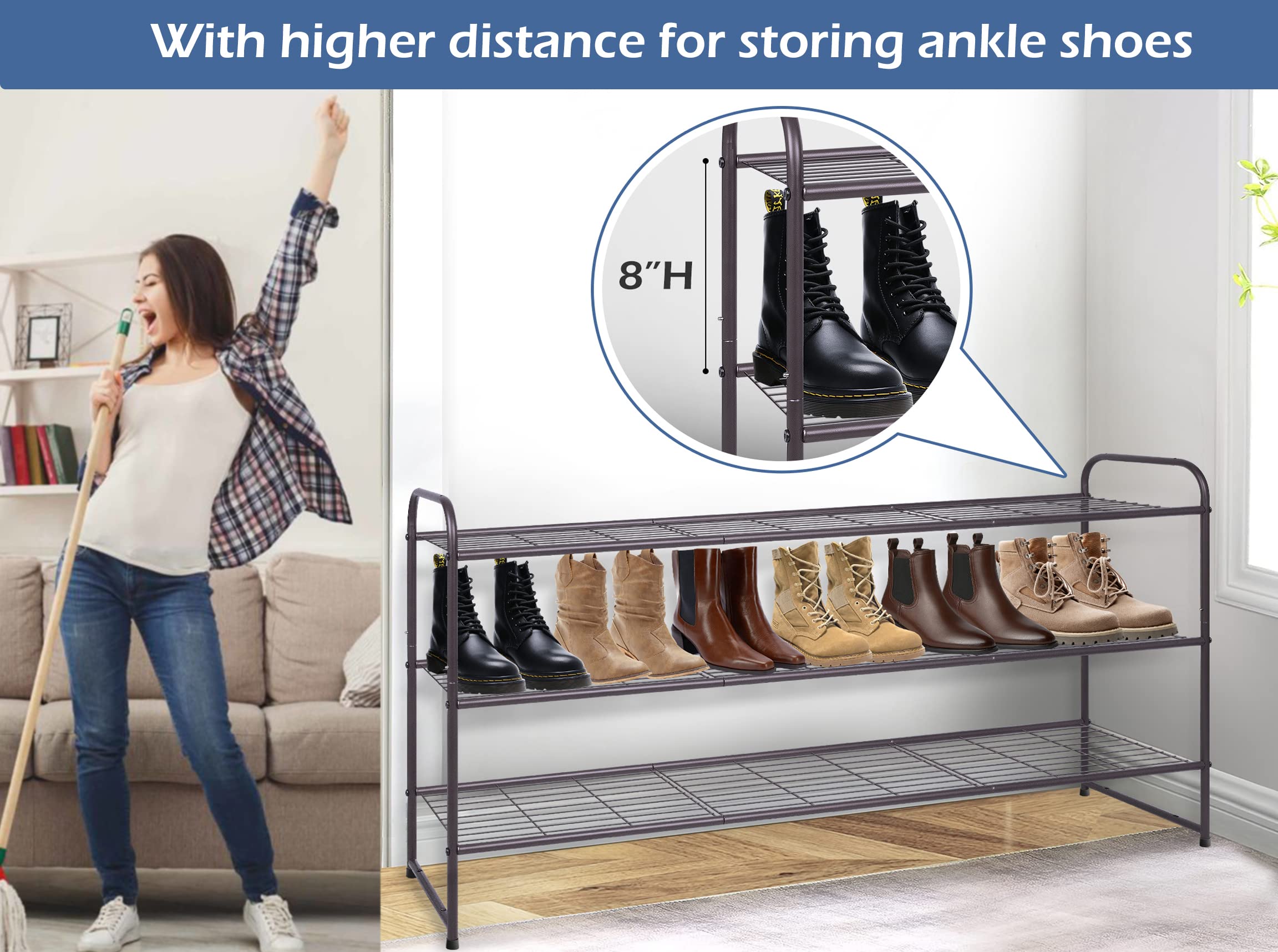 KEETDY 3-Tier Stackable Metal Shoe Rack Organizer - Holds 24 Pairs of Shoes for Closet, Bedroom & Entryway - Bronze Wire Grid Storage Shelf for Men's Sneakers & Women's Boots - Space Saving Shoe Storage Solution for Small Spaces