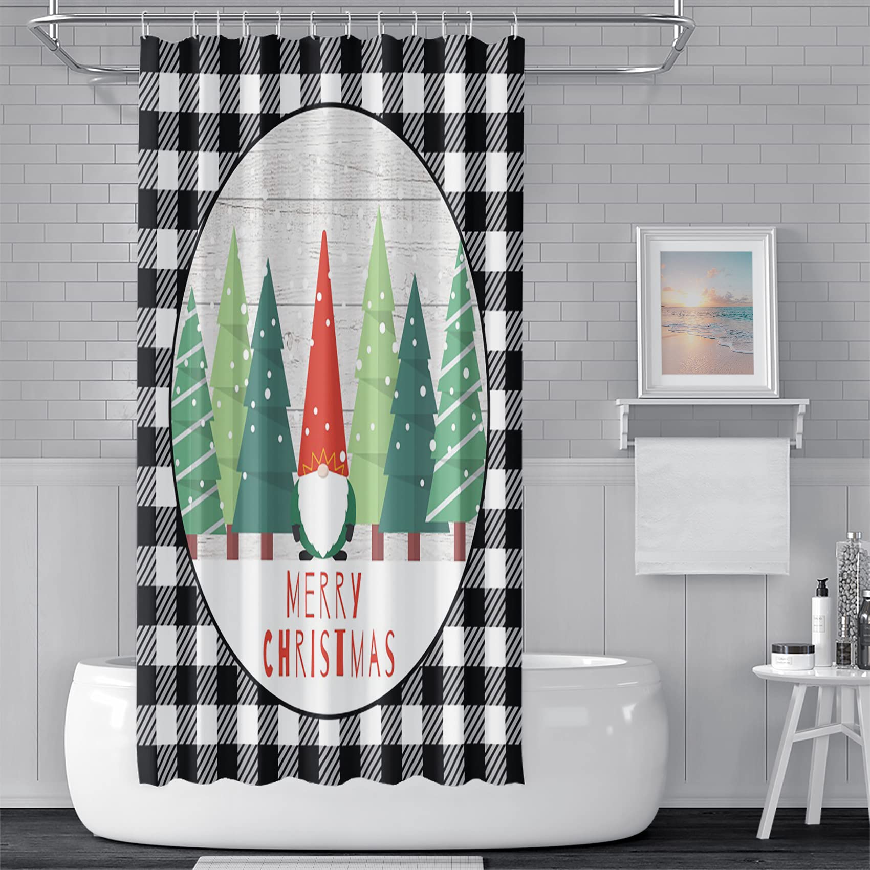 Yeele Christmas Tree Shower Curtain - Black White Grid Holiday Bathroom Decor with Hooks, 48x72 Inch - Perfect for Winter Wonderland Theme, Gnome & Modern Home Decor (Ideal for Christmas Bathroom Makeover & Festive Gift)