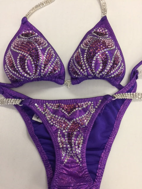 **Purple Bikini Competition Suit with Rhinestones - Triangle Padded Top for Women - Perfect for Bodybuilding, Fitness Shows & Beachwear**