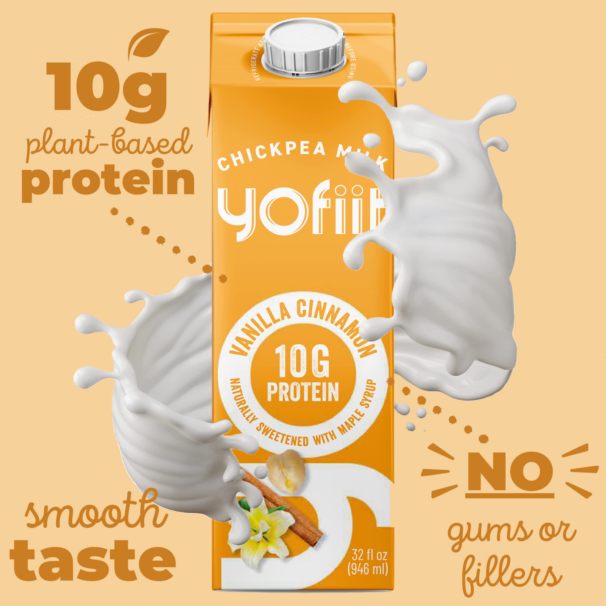 Yofiit Vanilla Cinnamon Plant-Based Milk with Pea Protein & Flax | High Protein Vegan Non-Dairy Milk Alternative (10g Protein) | Shelf-Stable Dairy-Free Coffee Creamer | 6 Pack | Perfect for Smoothies, Coffee & Baking