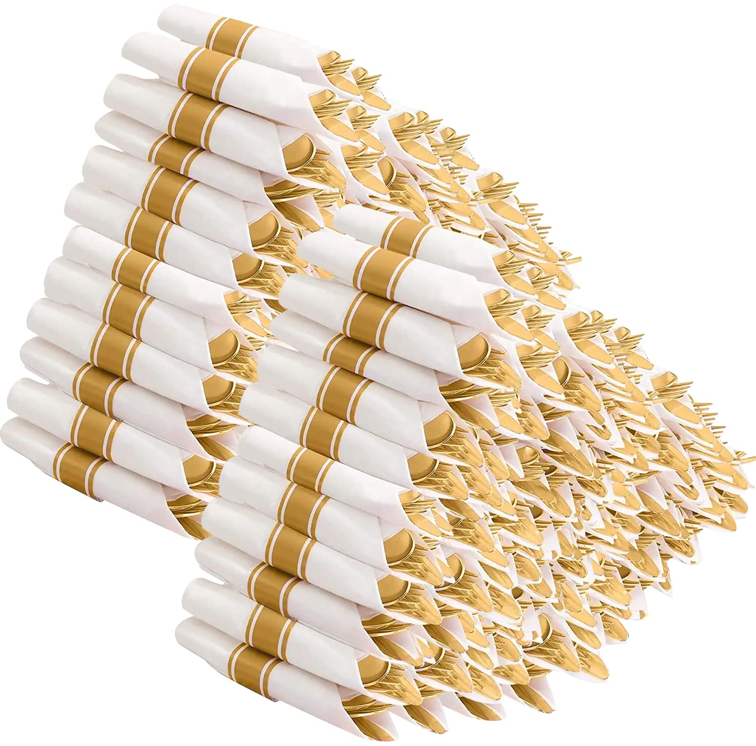 180-Pack Gold Plastic Cutlery Set with Napkins - Disposable Wrapped Silverware (180 Forks, 180 Knives, 180 Spoons, 180 Napkins) for Wedding, Party, Catering & Events - Elegant Disposable Utensils for Formal Dinners, Buffets & Special Occasions