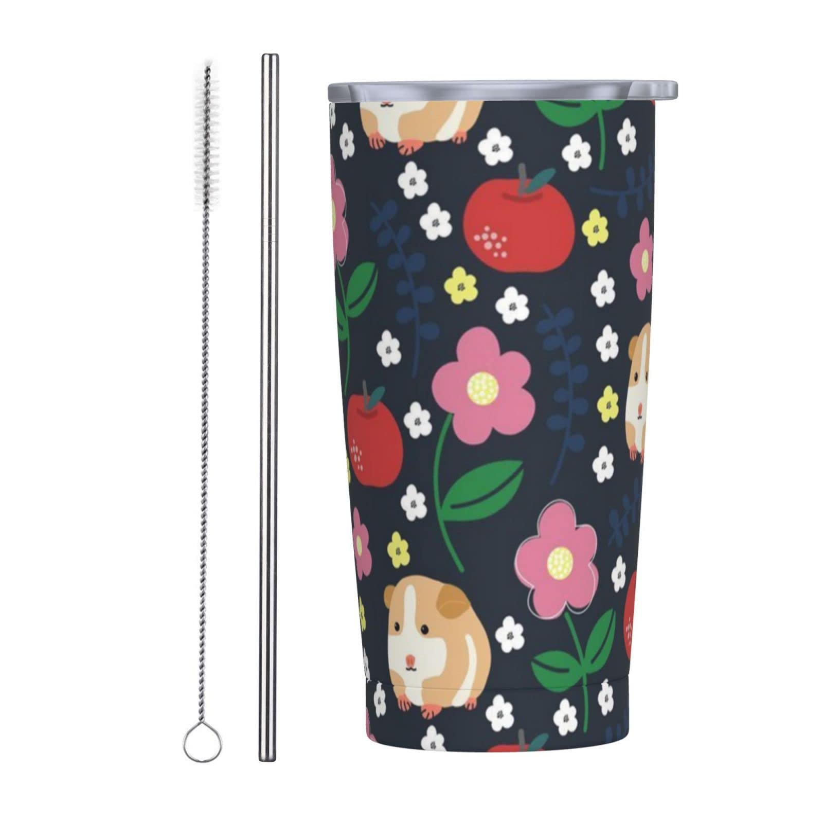SWEET TANG 20oz Vacuum Insulated Stainless Steel Travel Mug with Lid & Straw - Cute Guinea Pig & Pink Floral Design, Leak Proof Coffee Tumbler & Water Bottle - Perfect for Office, Commuting & Outdoor Activities