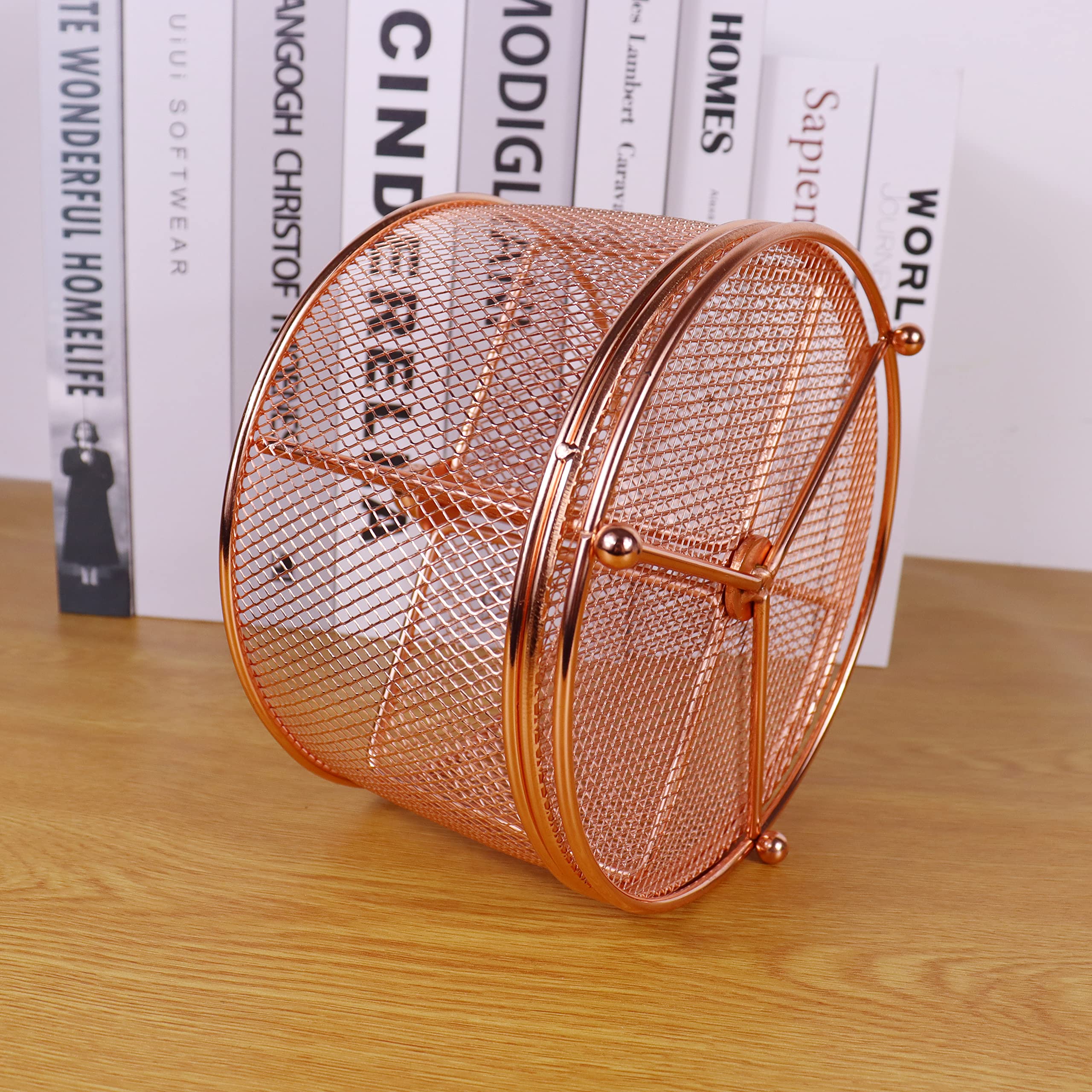 Rose Gold Mesh Rotating Pen Holder - 4 Compartment Desk Organizer for Pencils, Markers & Office Supplies - Large Capacity Stationery Storage for Women, Kids, Students & Teachers - Perfect for Home Office, School & Workspace Organization