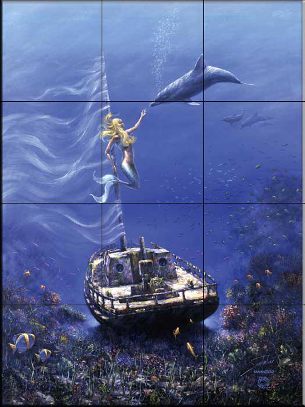 Hand-Painted Ceramic Tile Mural - Beautiful Mermaid Sailing Artwork by Sambataro - Perfect for Bathroom, Kitchen Backsplash or Coastal Home Decor