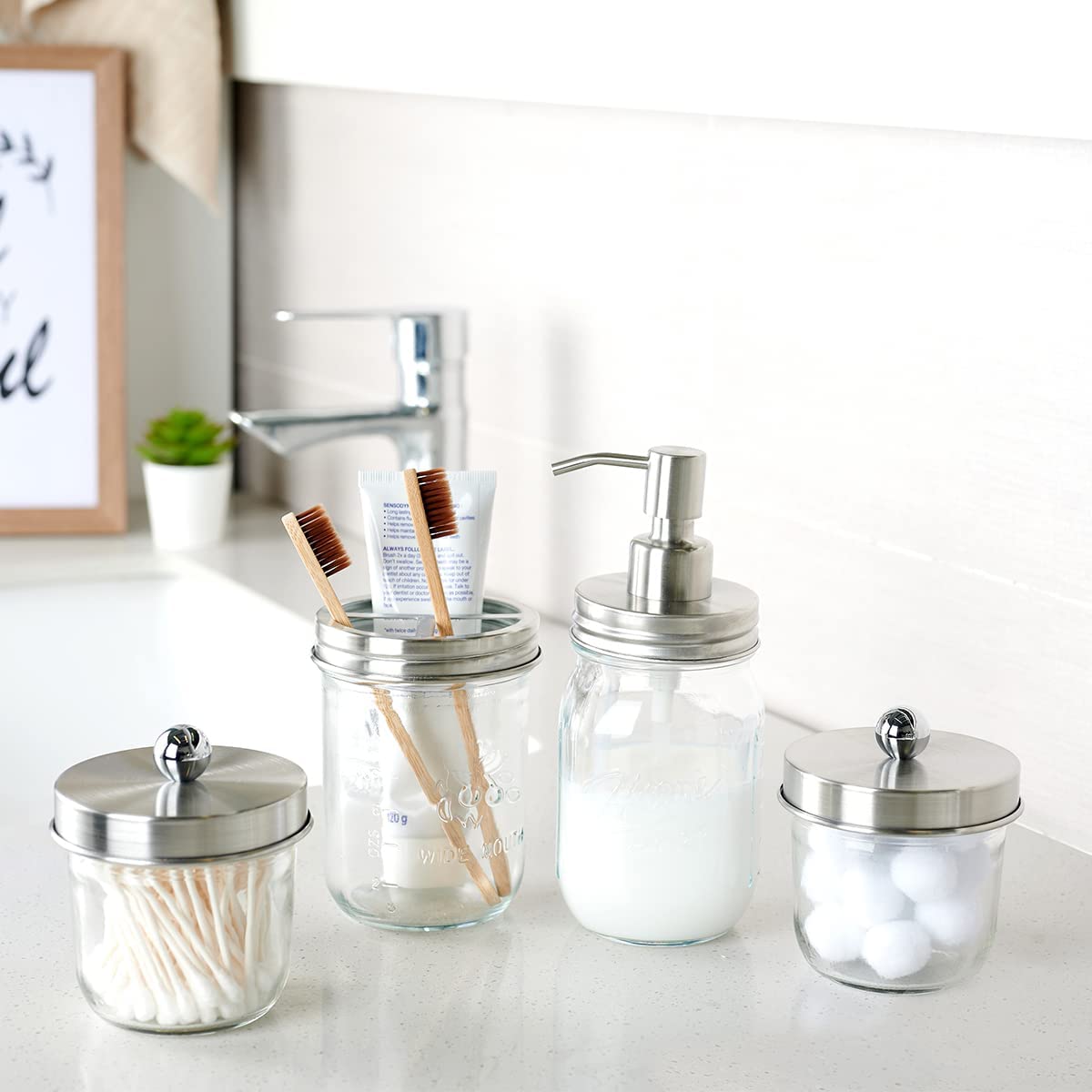 Amolliar 4-Piece Mason Jar Bathroom Accessories Set - Rustic Farmhouse Soap Dispenser, Q-Tip Holder, Toothbrush Organizer - Brushed Nickel Vanity Decor for Countertop Organization | Perfect for Farmhouse, Apothecary & Modern Bathroom Styles