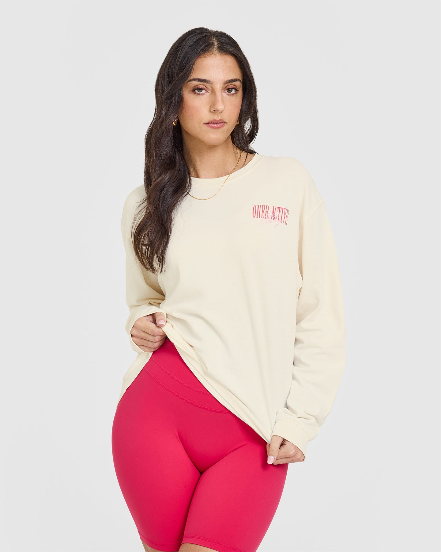 Oner Graphic Washed Long Sleeve T-Shirt for Women | Vintage Distressed Off White Cotton Top | Casual Streetwear, Layering, Fall Outfits