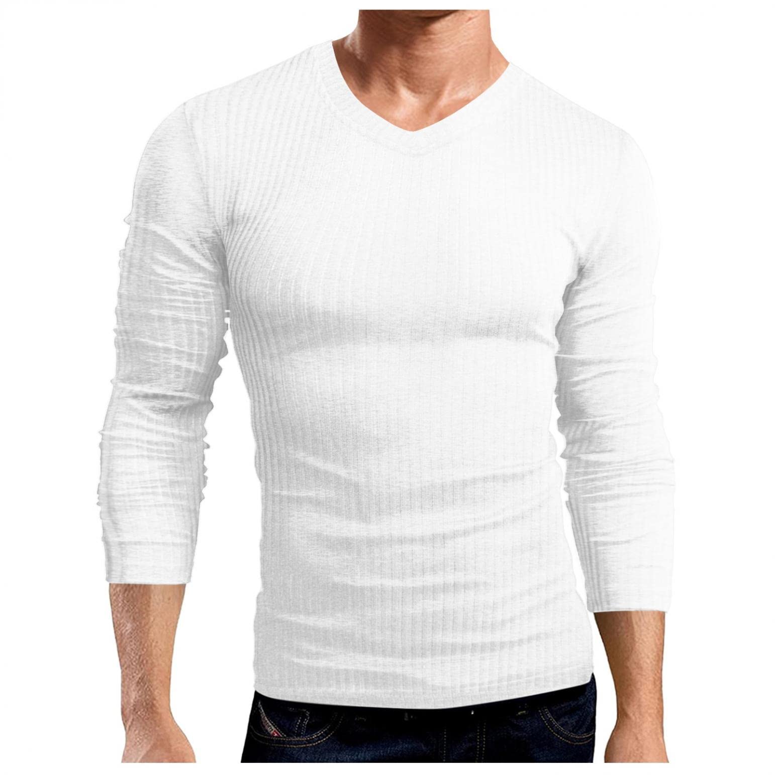 Men's Ribbed Waffle Knit Henley Shirt - Long Sleeve V-Neck Thermal Cotton T-Shirt for Casual Wear, Golf & Fishing | Slim Fit Undershirt for Layering & Outdoor Activities