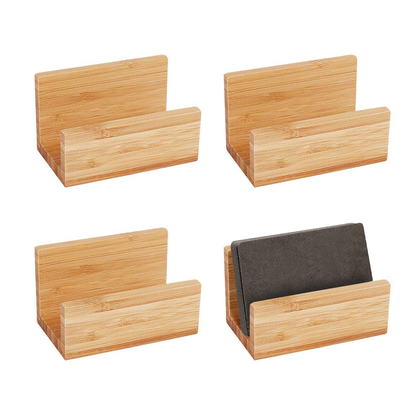 OLYCRAFT 4PCS Natural Bamboo Business Card Holder - Elegant Desktop Organizer for Office Desk, Reception & Home Office - Eco-Friendly Wood Card Display Stand for Professional & Personal Use