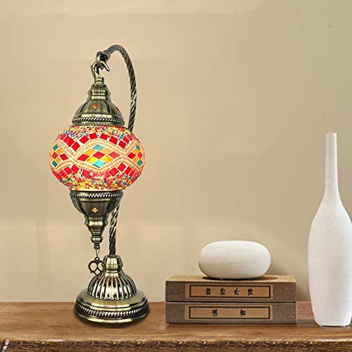 XINDAR Turkish Mosaic Table Lamp - Moroccan Glass Swan Neck Tiffany Bedside Night Light in Red | Perfect for Bedroom, Living Room & Office Decor