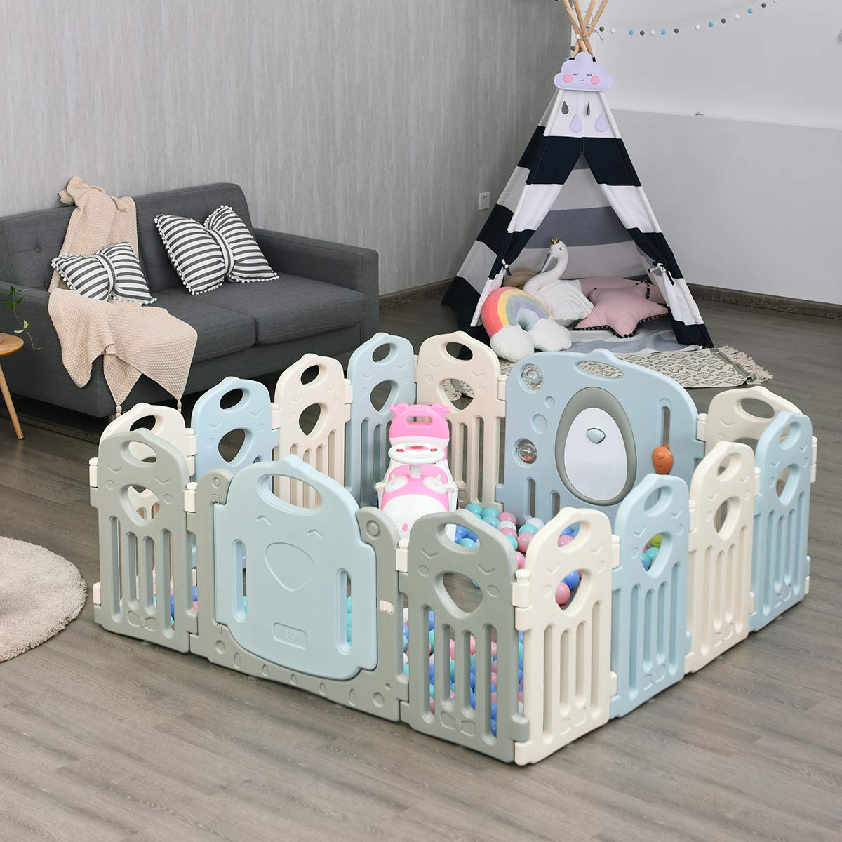 CHEFJOY 14-Panel Baby Playpen for Kids - Safe Indoor & Outdoor Play Yard with Lockable Door, Non-Slip Rubber Suction Cups & Fun Toys - Portable HDPE Activity Center for Toddlers - Perfect for Home, Backyard, Daycare & Playtime Safety