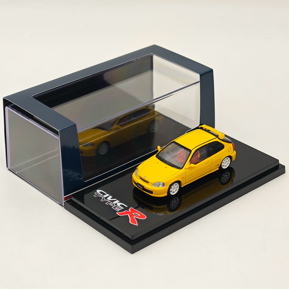 1/64 Honda Civic Type R (EK9) 1997 Sunlight Yellow Diecast Model Car with Engine - Collectible Hobby Japan HJ643016AY - Perfect for Car Enthusiasts & Display Collections