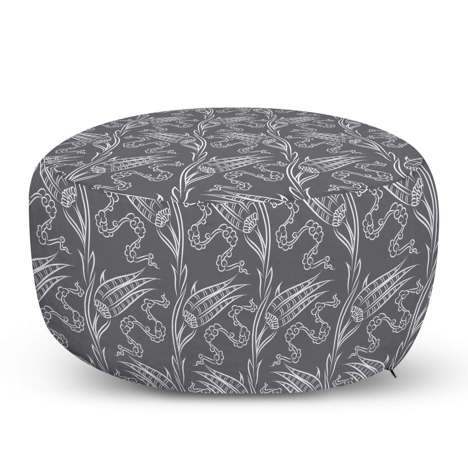 Ambesonne Ethnic Ottoman Pouf - Turkish Inspired Oriental Design with Floral Details, Decorative Foot Rest with Removable Cover - Dimgray and White - Perfect for Living Room, Bedroom & Home Decor