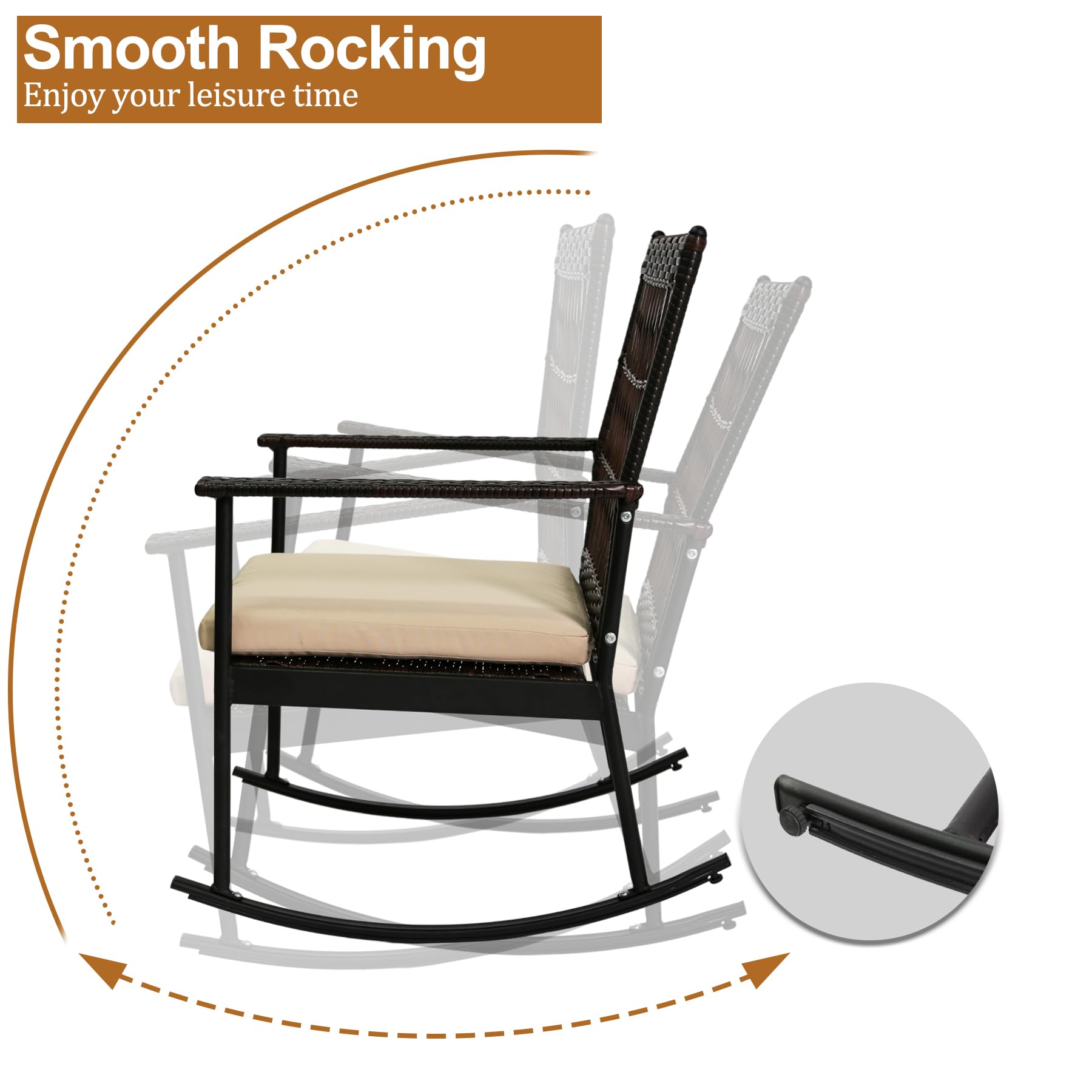 3-Piece Patio Conversation Set with 2 Rocking Chairs - Brown Wicker Rattan Outdoor Furniture with Coffee Table & Beige Cushions for Porch, Garden, Backyard, Lawn - Perfect for Relaxing, Entertaining & Outdoor Gatherings