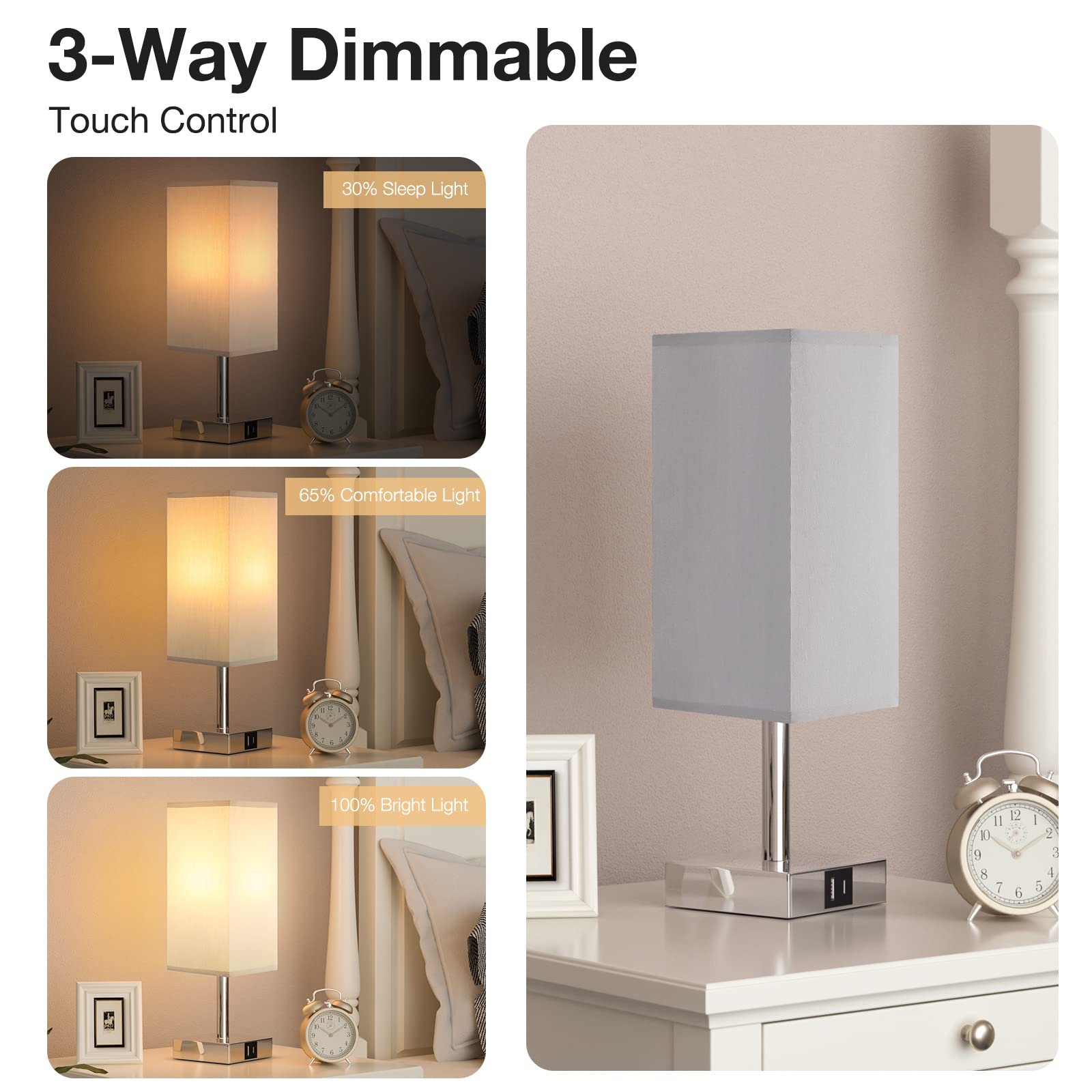 Aooshine Touch Control Bedside Lamp with USB A+C Charging Ports, 3-Way Dimmable LED Table Lamp for Bedroom & Living Room - Grey Fabric Shade (Bulb Included) | Perfect for Night Reading, Home Office & Cozy Lighting