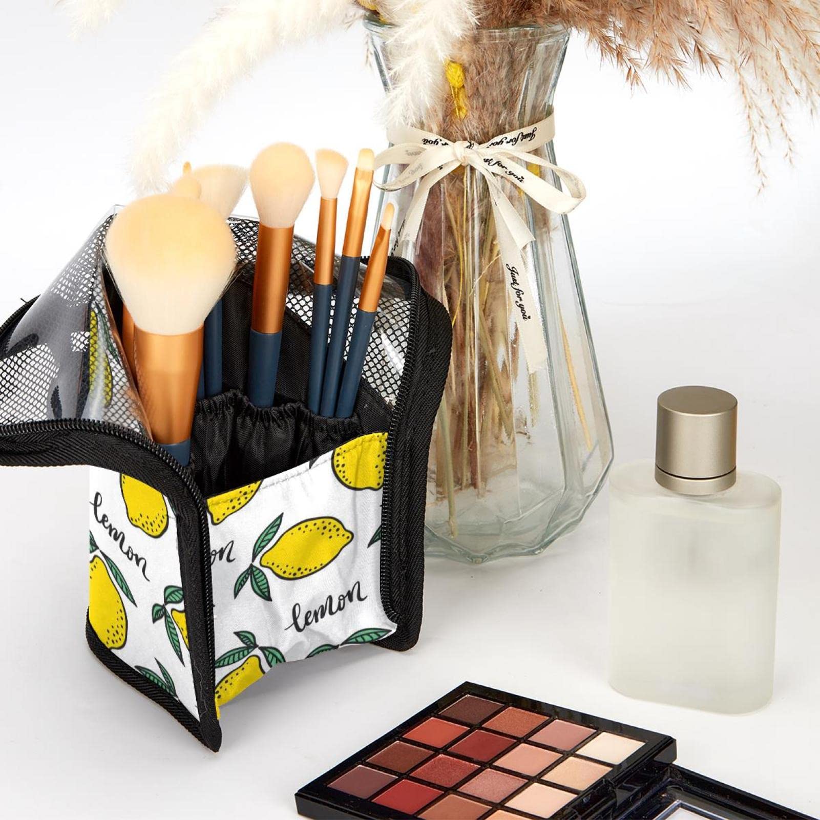 12-Piece Makeup Brush Organizer Bag with Lemon Print - Portable Travel Cosmetic Brush Holder Case for Professional Makeup Artists & Beginners - Perfect for Home, Travel, and Salon Use