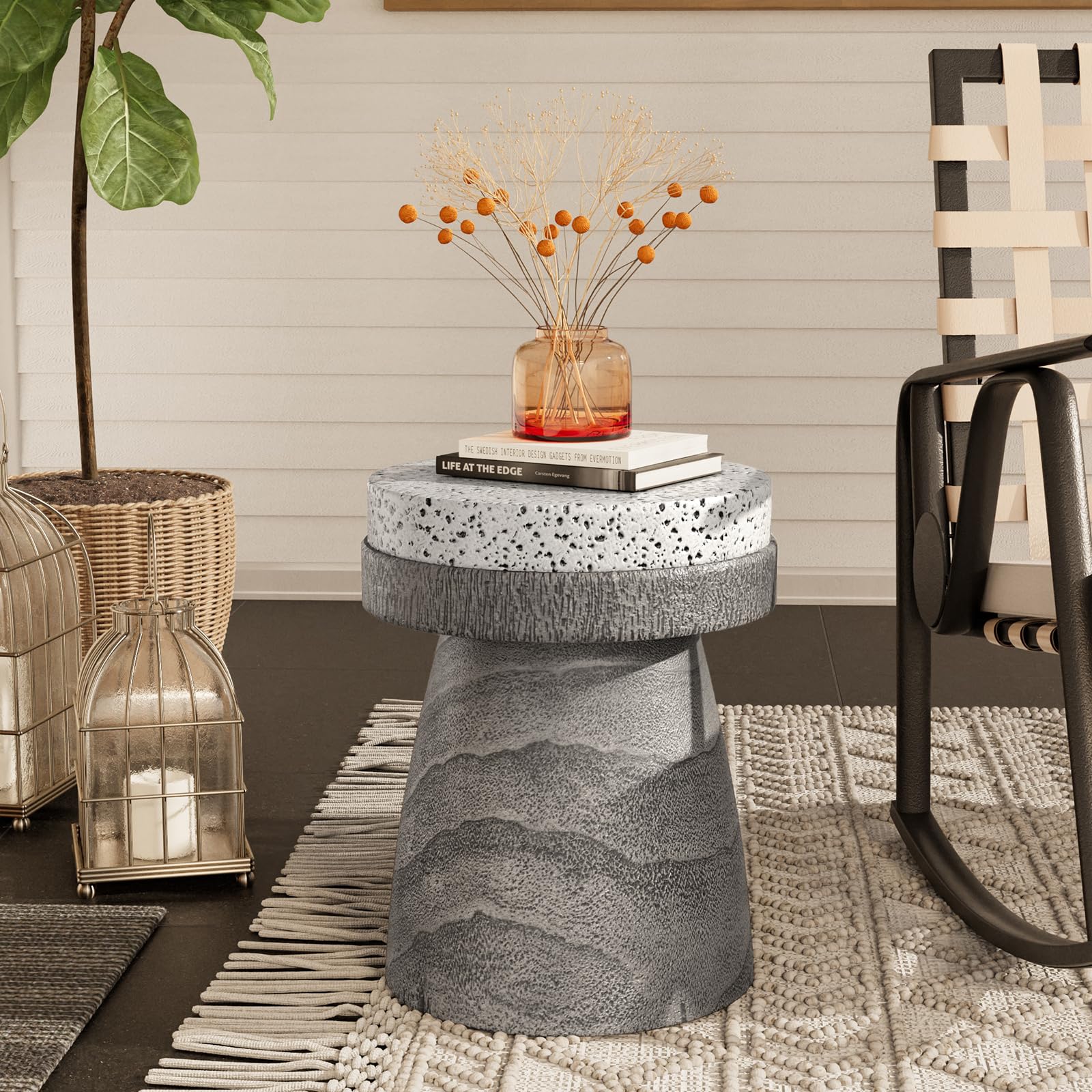 Stylish Grey Concrete Outdoor Side Table with Spotted Tabletop - Lightweight Round Patio Accent Table, Faux Wood Cylinder Stool - Perfect for Garden, Deck, and Poolside Decor
