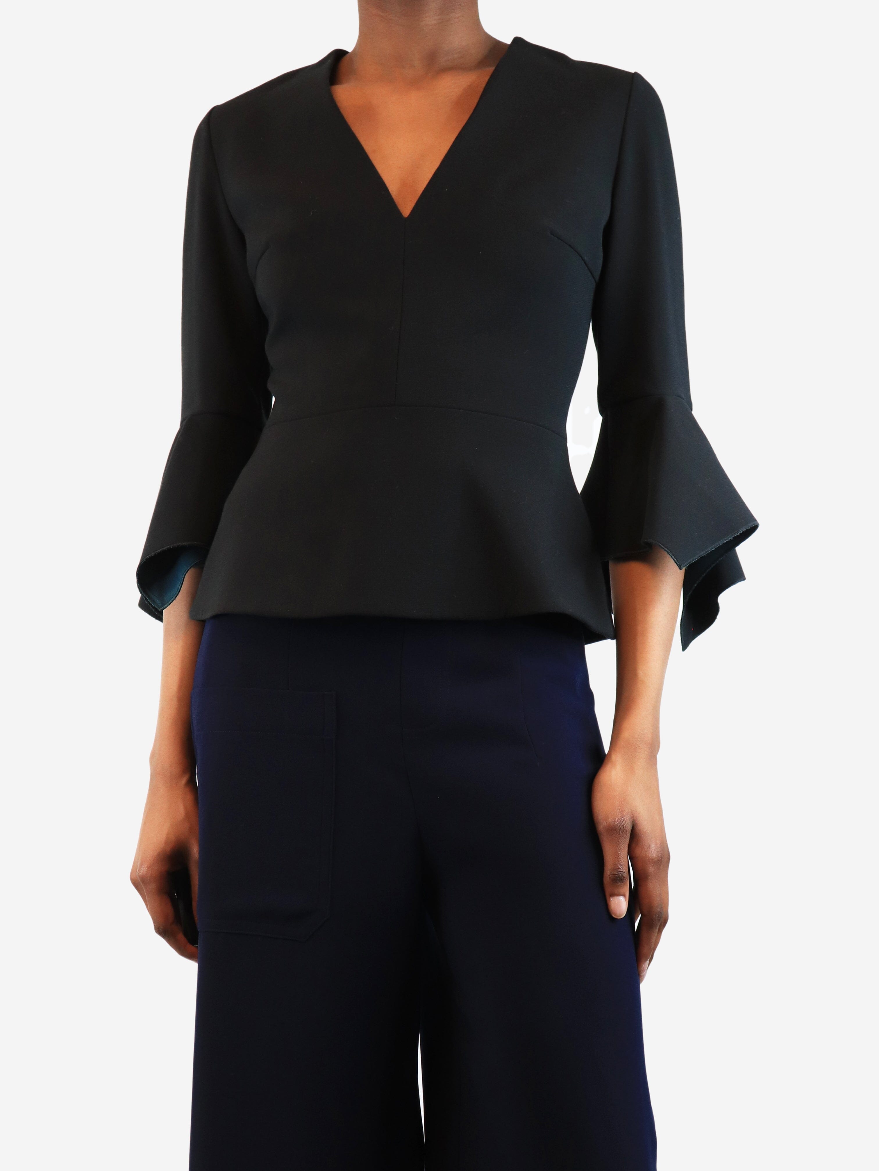 Black V-Neck Peplum Top Women's UK Size 6 | Elegant Flowy Blouse for Casual Wear, Office & Party Outfits