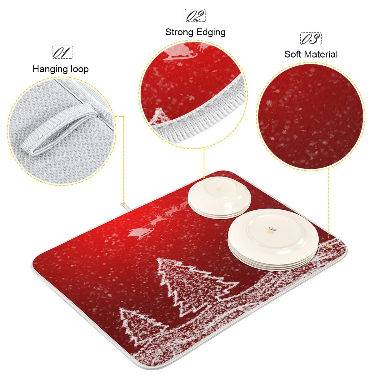EZOLA White Christmas Tree Snowflakes Red Dish Drying Mat - Reversible Kitchen Counter Absorbent Fast Dry Pad (16x18 Inches) - Perfect for Holiday Decor & Dish Drainage