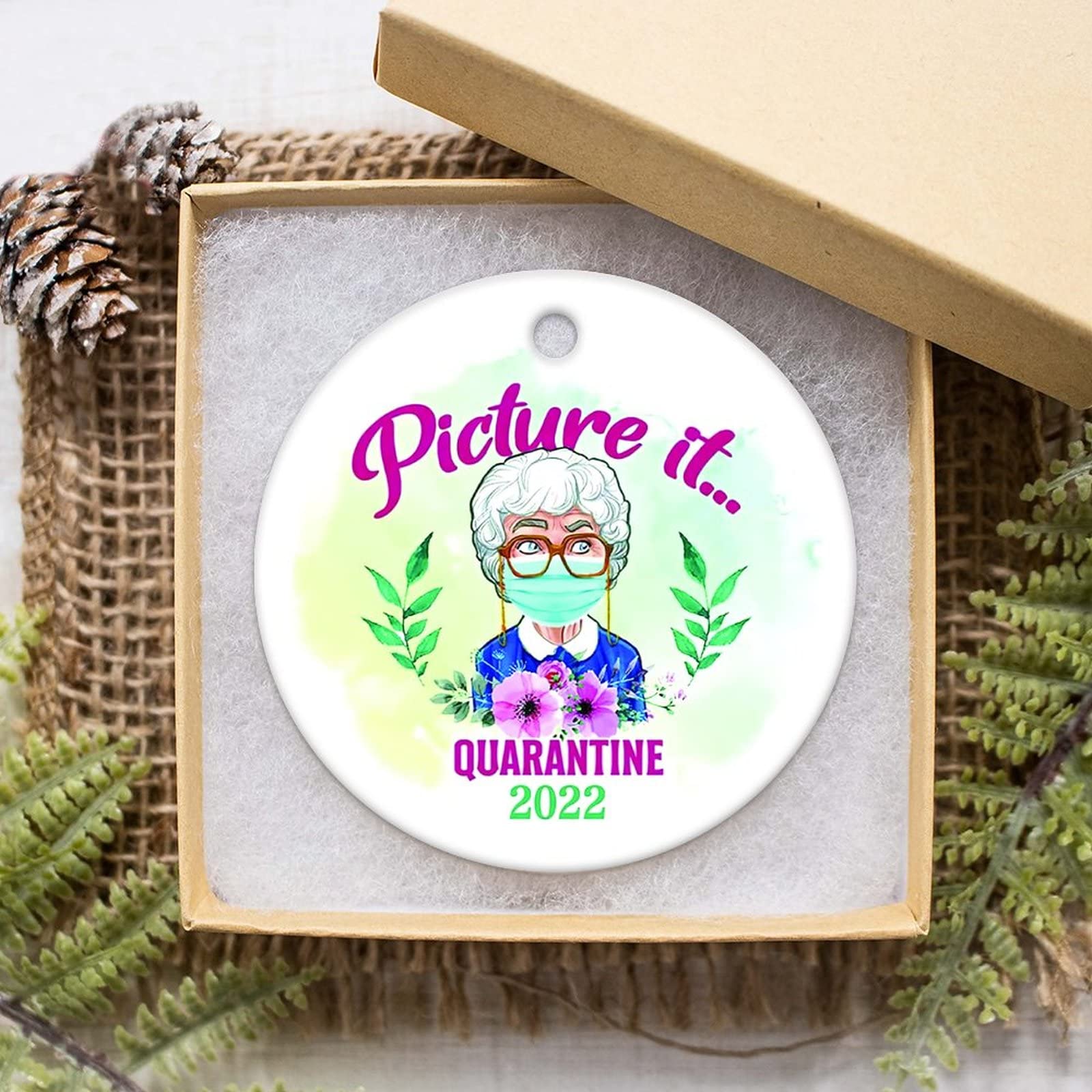 2022 Golden Girl Ornament - Picture It Quarantine Keepsake - Holiday Porcelain Ceramic Flat Circle Decoration for Christmas Tree & Home Décor