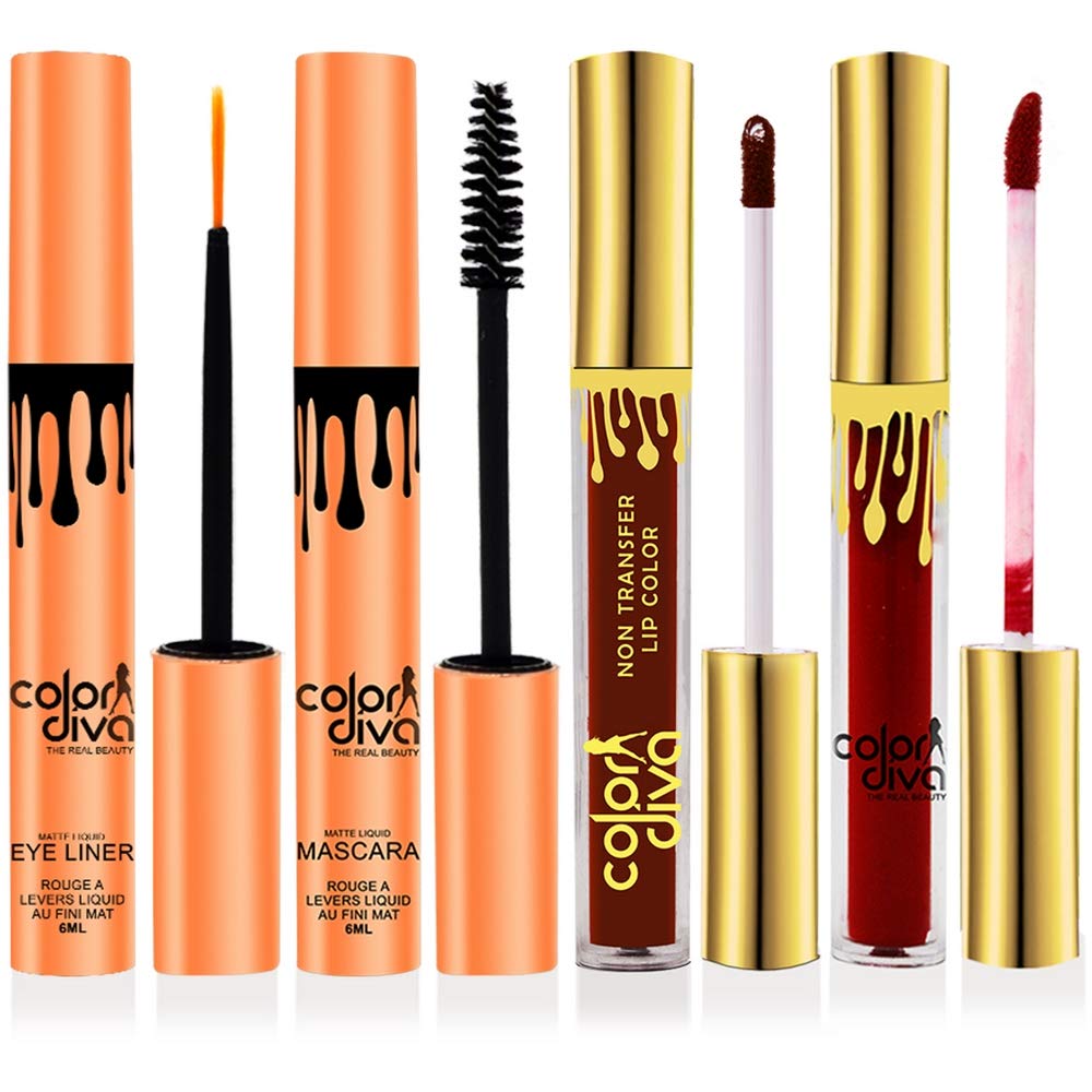 COLOR DIVA Waterproof Eyeliner, Mascara, Sindoor & Liquid Lipstick Set - 6ml (Pack of 4) | Long-Lasting Makeup for Parties, Weddings & Daily Wear | Smudge-Proof & Water-Resistant Cosmetics