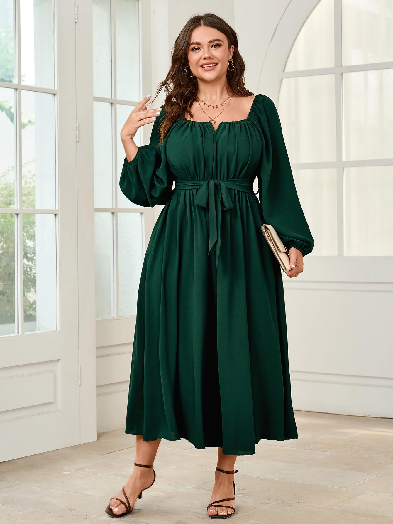 **SCOMCHIC Women's Plus Size Maxi Dress - Long Sleeve Square Neck Elegant Flowy A-Line Wedding Guest Cocktail Dress with Belt | Perfect for Weddings, Parties & Formal Events**