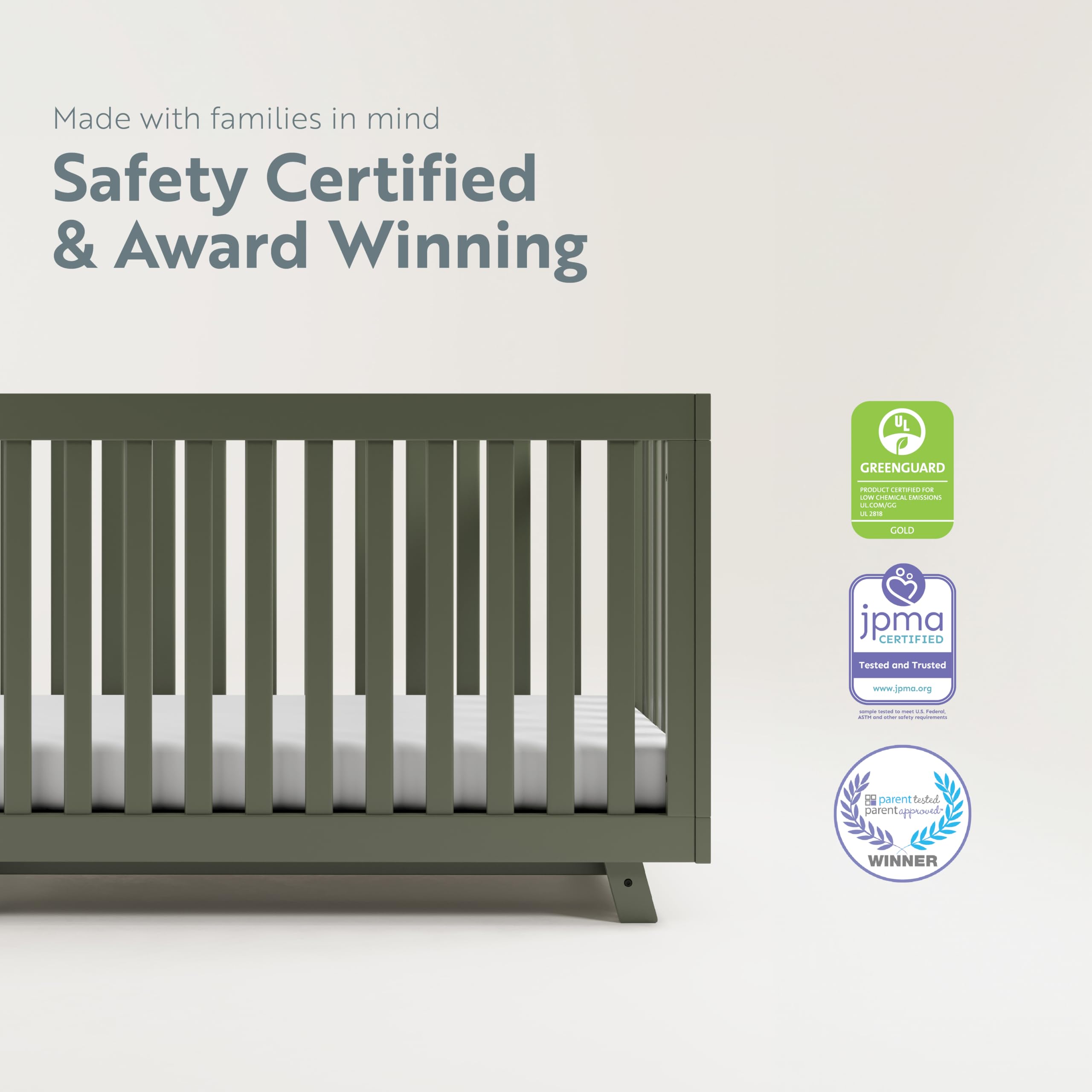 Storkcraft Beckett 3-in-1 Convertible Crib in Olive - GREENGUARD Gold Certified, Converts from Crib to Toddler Bed, Fits Standard Full-Size Crib Mattress | Safe Nursery Furniture for Newborns & Toddlers | Perfect for Baby Rooms & Daycare Centers